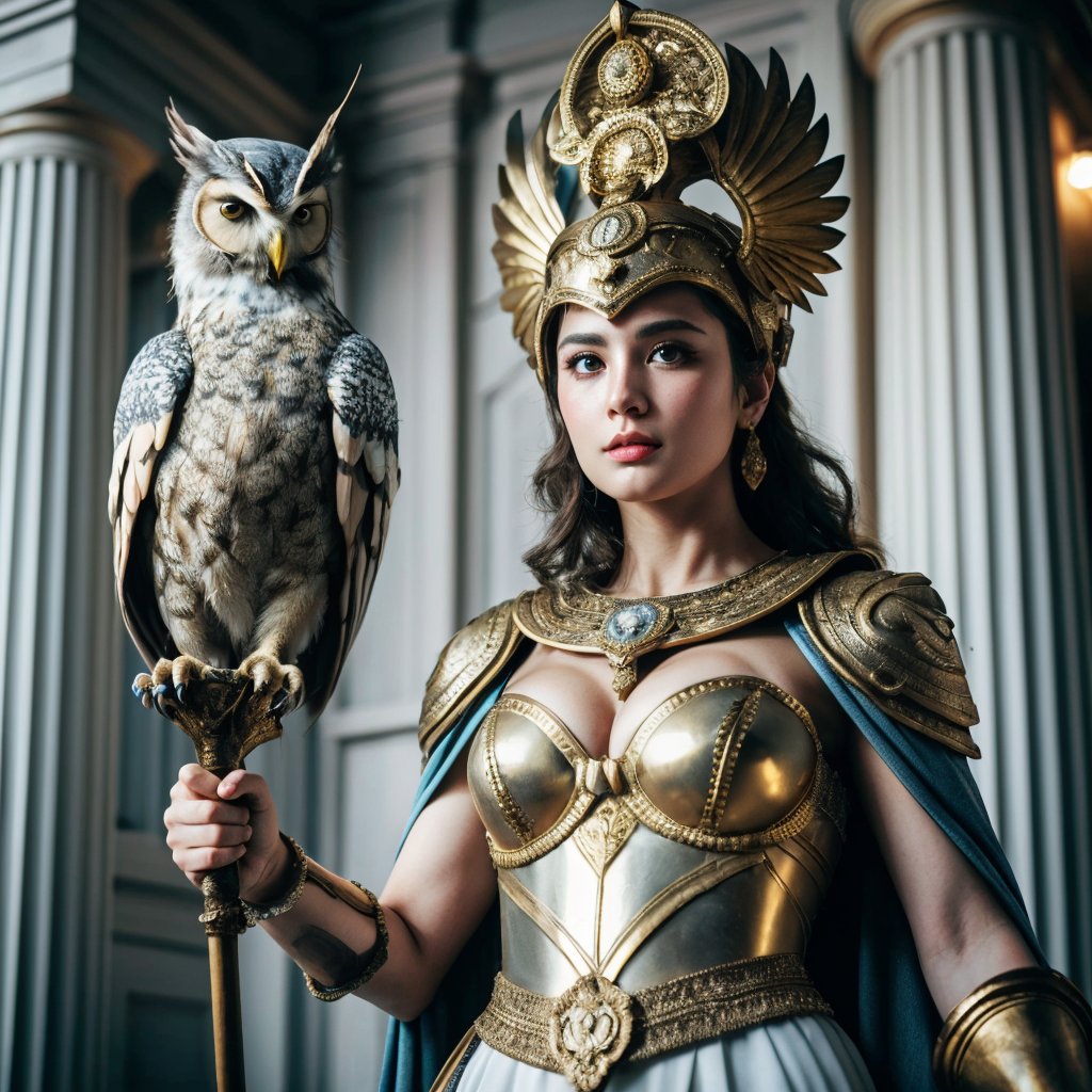 Realistic 16K photography of Greek goddess Athena, holding a spear and an owl; wears warrior's helmet with crest, finely crafted chest armor, pleated tunic with ornate patterns, in front a wall with delicate gold inlays, relief art appearance.
break,
1 girl, Exquisitely perfect symmetric very gorgeous face,  perfect breasts,  Exquisite delicate crystal clear skin,  Detailed beautiful delicate eyes, perfect slim body shape, nice hands, perfect hands, fashionable outfit, illuminated by film grain, realistic skin, dramatic lighting, soft lighting,((wide angle lens depth)), Extremely details,