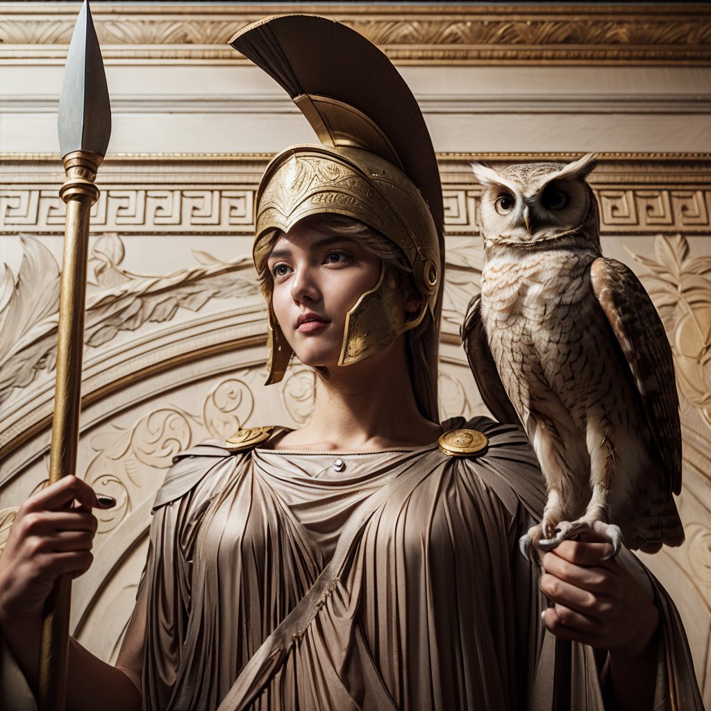 Realistic 16K photography of Greek goddess Athena, holding a spear and an owl; wears warrior's helmet with crest, finely crafted chest armor, pleated tunic with ornate patterns, in front a wall with delicate gold inlays, relief art appearance.
break,
1 girl, Exquisitely perfect symmetric very gorgeous face,  perfect breasts,  Exquisite delicate crystal clear skin,  Detailed beautiful delicate eyes, perfect slim body shape, nice hands, perfect hands, fashionable outfit, illuminated by film grain, realistic skin, dramatic lighting, soft lighting,((wide angle lens depth)), Extremely details,