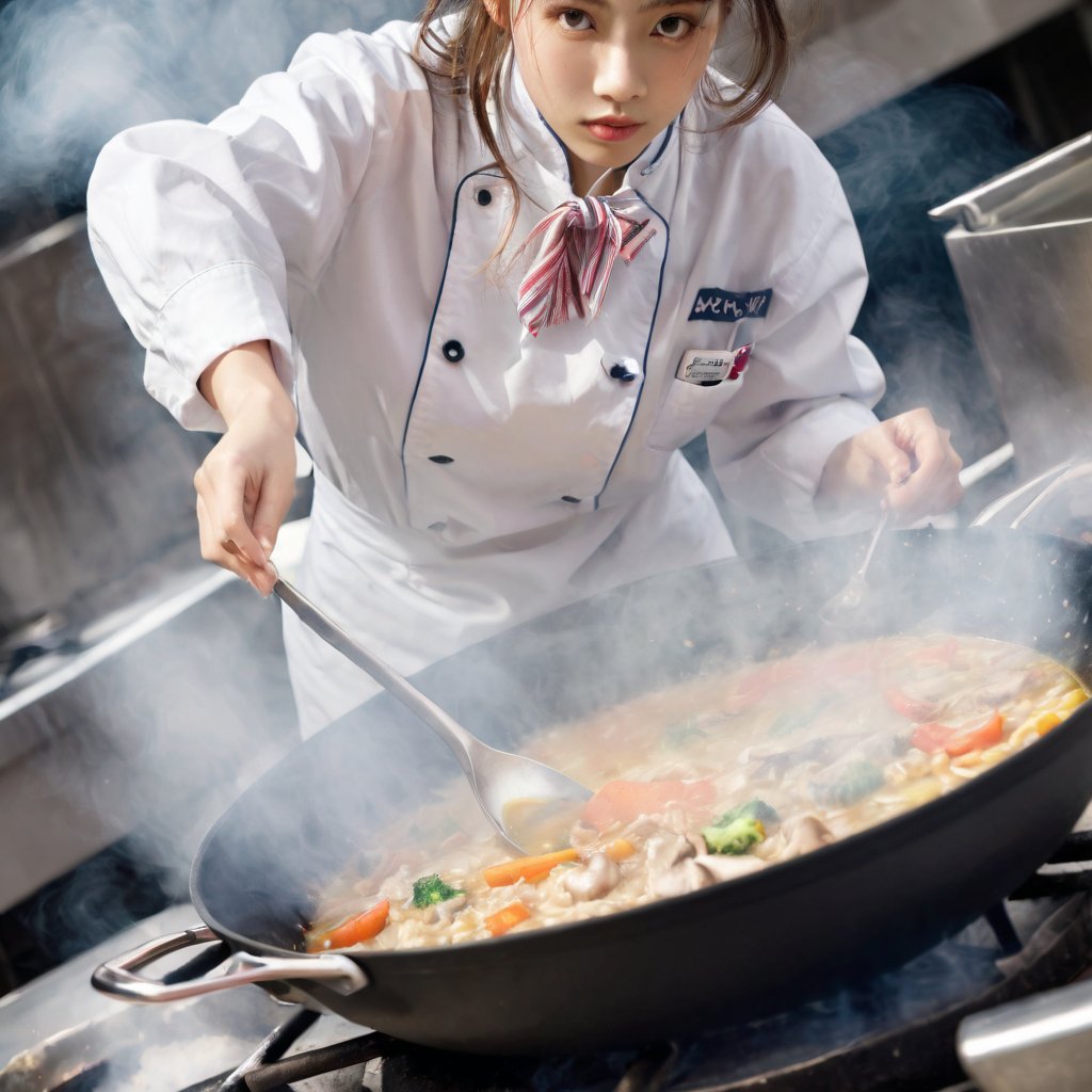 ((Realistic 8K resolution, RAW, extreme detail description)) low angle view photography of 1girl chef cooking soup on a wok at food stand. holding the wok by the handles with mushroom, vegetables, and cooking oil into the air. This is captured with high speed photography so the ingredients are frozen in time. The image is zoomed in on the chef, who is facing the camera.
break, 
1girl, floating hair, Exquisitely perfect symmetric very gorgeous face, Exquisite delicate crystal clear skin, Detailed beautiful delicate eyes, perfect slim body shape, slender and beautiful fingers, legs, perfect hands, legs, illuminated by film grain, realistic style, realistic skin texture, dramatic lighting, soft lighting, exaggerated perspective of ((Wide-angle lens depth)),