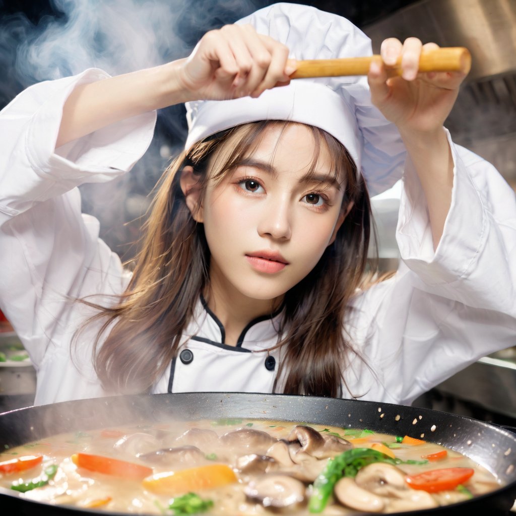 ((Realistic 8K resolution, RAW, extreme detail description)) low angle view photography of 1girl chef cooking soup on a wok at food stand. holding the wok by the handles with mushroom, vegetables, and cooking oil into the air. This is captured with high speed photography so the ingredients are frozen in time. The image is zoomed in on the chef, who is facing the camera.
break, 
1girl, floating hair, Exquisitely perfect symmetric very gorgeous face, Exquisite delicate crystal clear skin, Detailed beautiful delicate eyes, perfect slim body shape, slender and beautiful fingers, legs, perfect hands, legs, illuminated by film grain, realistic style, realistic skin texture, dramatic lighting, soft lighting, exaggerated perspective of ((Wide-angle lens depth)),