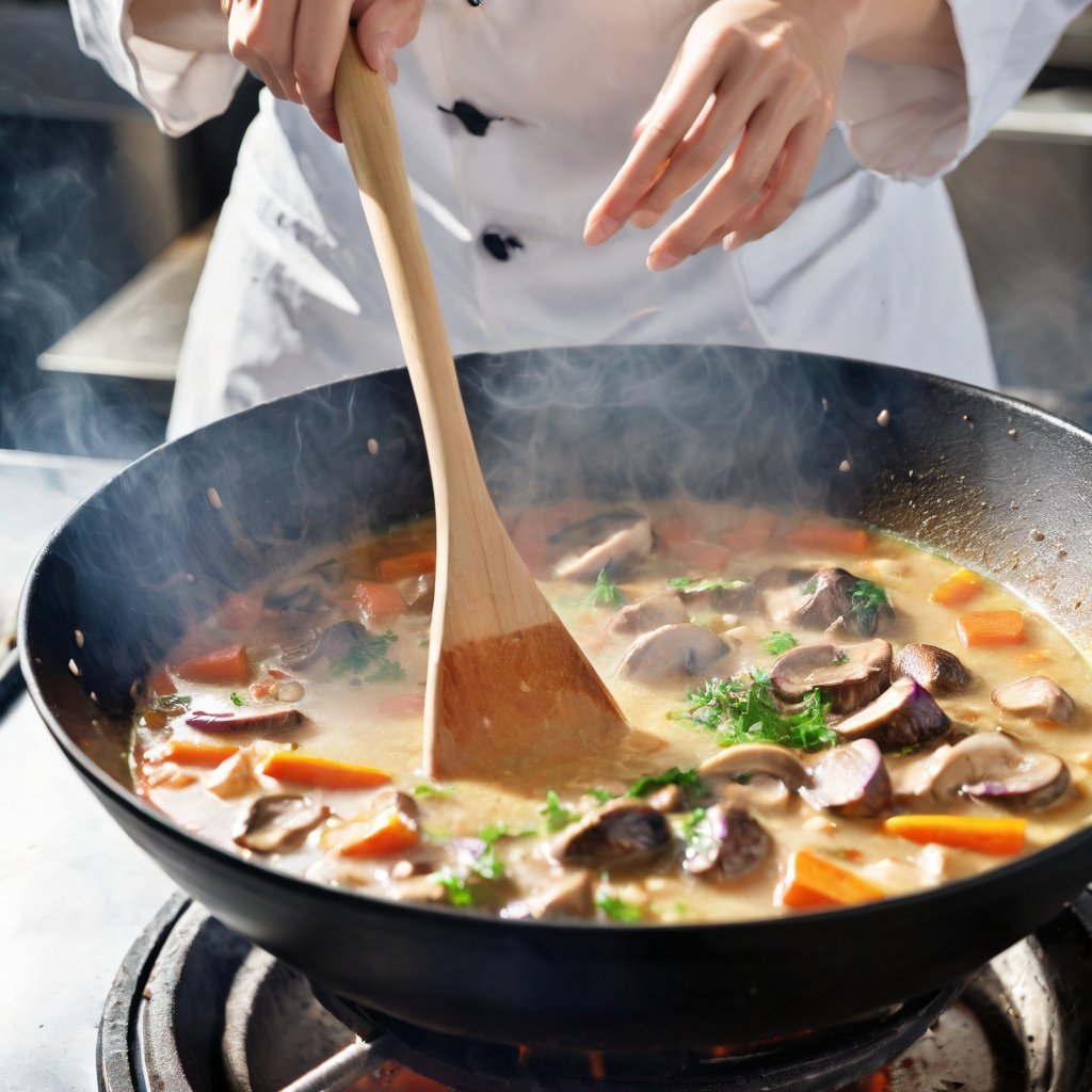 ((Realistic 8K resolution, RAW, extreme detail description)) low angle view photography of 1girl chef cooking soup on a wok at food stand. holding the wok by the handles with mushroom, vegetables, and cooking oil into the air. This is captured with high speed photography so the ingredients are frozen in time. The image is zoomed in on the chef, who is facing the camera.
break, 
1girl, floating hair, Exquisitely perfect symmetric very gorgeous face, Exquisite delicate crystal clear skin, Detailed beautiful delicate eyes, perfect slim body shape, slender and beautiful fingers, legs, perfect hands, legs, illuminated by film grain, realistic style, realistic skin texture, dramatic lighting, soft lighting, exaggerated perspective of ((Wide-angle lens depth)),