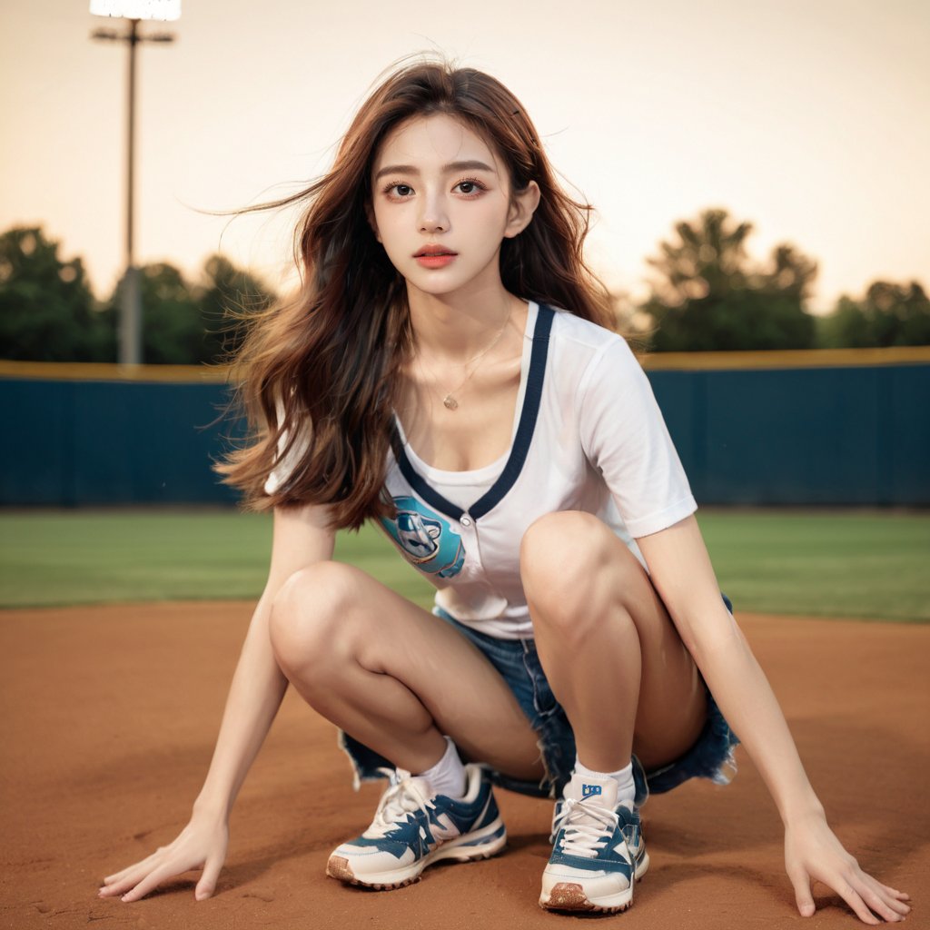 Realistic 16K resolution photography of 1girl squatting on baseball field, 
break, 
1girl, floating hair, Exquisitely perfect symmetric very gorgeous face, Exquisite delicate crystal clear skin, Detailed beautiful delicate eyes, perfect slim body shape, slender and beautiful fingers, legs, perfect hands, legs, illuminated by film grain, realistic style, realistic skin texture, dramatic lighting, soft lighting, exaggerated perspective of ((Wide-angle lens depth)),