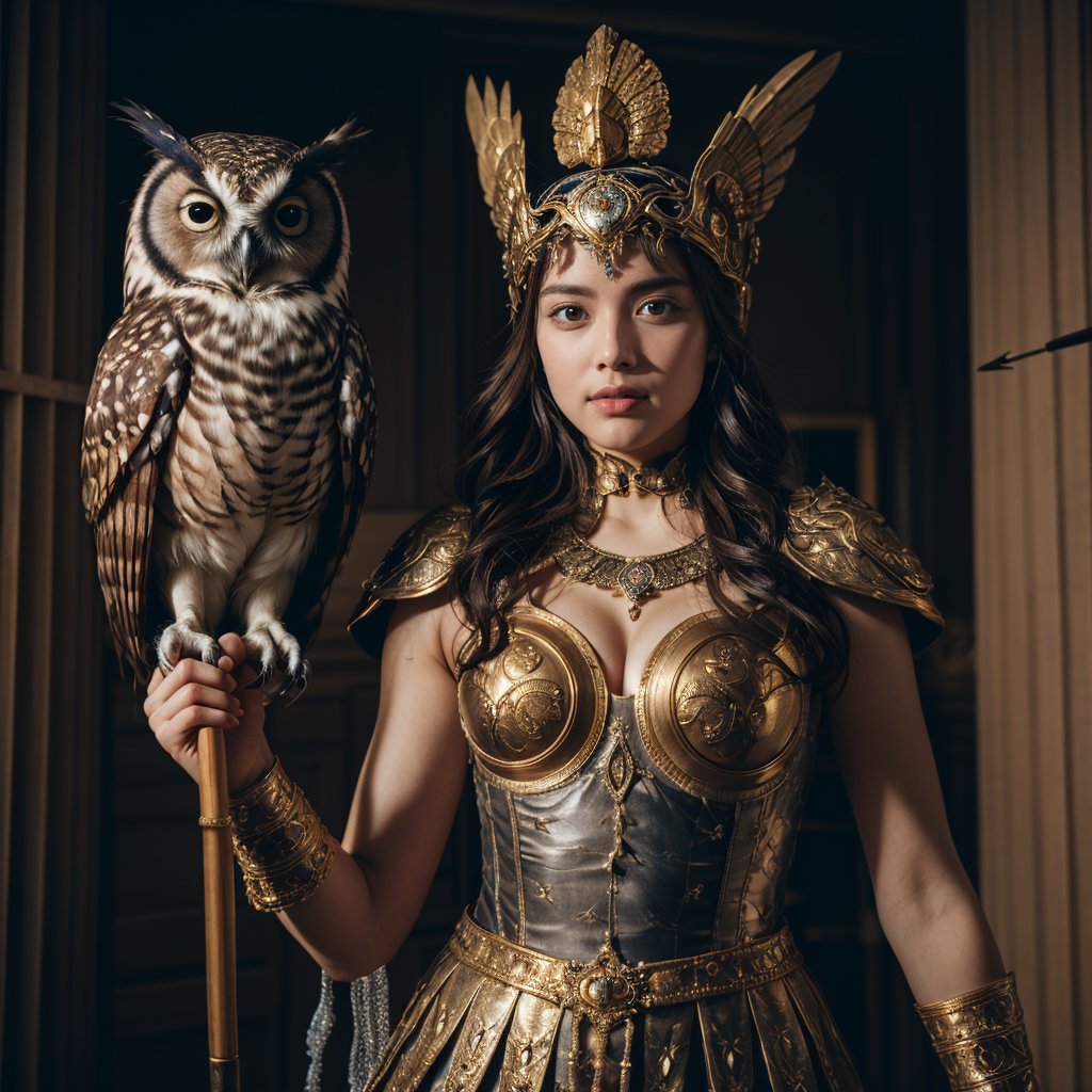 Realistic 16K photography of Greek goddess Athena, holding a spear and an owl; wears warrior's helmet with crest, finely crafted chest armor, pleated tunic with ornate patterns, in front a wall with delicate gold inlays, relief art appearance.
break,
1 girl, Exquisitely perfect symmetric very gorgeous face,  perfect breasts,  Exquisite delicate crystal clear skin,  Detailed beautiful delicate eyes, perfect slim body shape, nice hands, perfect hands, fashionable outfit, illuminated by film grain, realistic skin, dramatic lighting, soft lighting,((wide angle lens depth)), Extremely details,