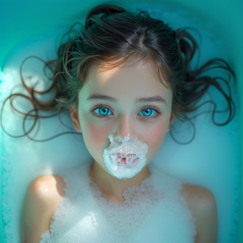 Realistic 16K Turquoise tone close-up photography of 1girl lying in a bubble bath, seen from directly overhead. Her face is breaking the surface of the water, surrounded by soap suds. She has sapphire blue eyes and is blowing a soap bubble. Her hair floats on the water in a radiant pattern. The scene is surreal, featuring vibrant colors and a dreamy atmosphere.
break,
1 girl, Exquisitely perfect symmetric very gorgeous face,  perfect breasts,  Exquisite delicate crystal clear skin,  Detailed beautiful delicate eyes, perfect slim body shape, nice hands, perfect hands, fashionable outfit, illuminated by film grain, realistic skin, dramatic lighting, soft lighting,((wide angle lens depth)), Extremely details, Hyperdetailed, photorealistic,