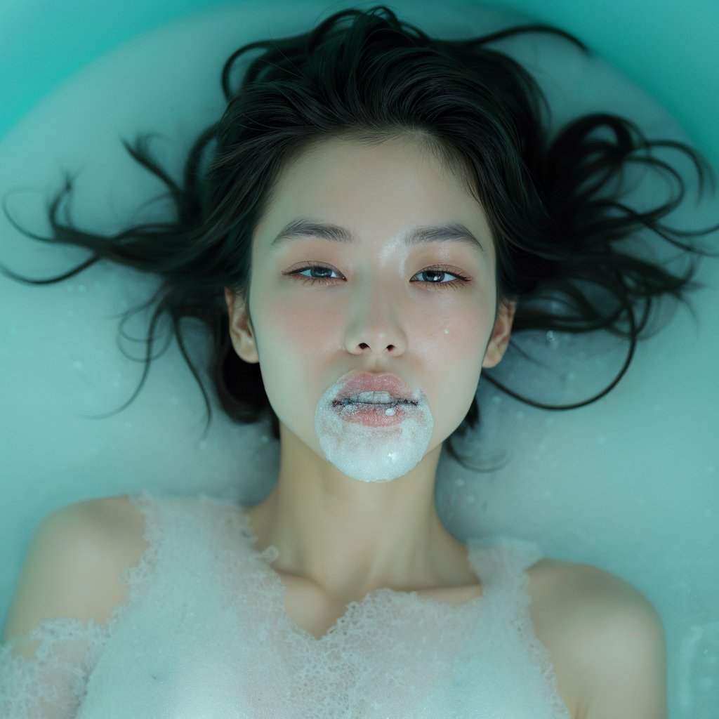 Realistic 16K Turquoise tone close-up photography of 1girl lying in a bubble bath, seen from directly overhead. Her face is breaking the surface of the water, surrounded by soap suds. She has sapphire blue eyes and is blowing a soap bubble. Her hair floats on the water in a radiant pattern. The scene is surreal, featuring vibrant colors and a dreamy atmosphere.
break,
1 girl, Exquisitely perfect symmetric very gorgeous face,  perfect breasts,  Exquisite delicate crystal clear skin,  Detailed beautiful delicate eyes, perfect slim body shape, nice hands, perfect hands, fashionable outfit, illuminated by film grain, realistic skin, dramatic lighting, soft lighting,((wide angle lens depth)), Extremely details, Hyperdetailed, photorealistic,