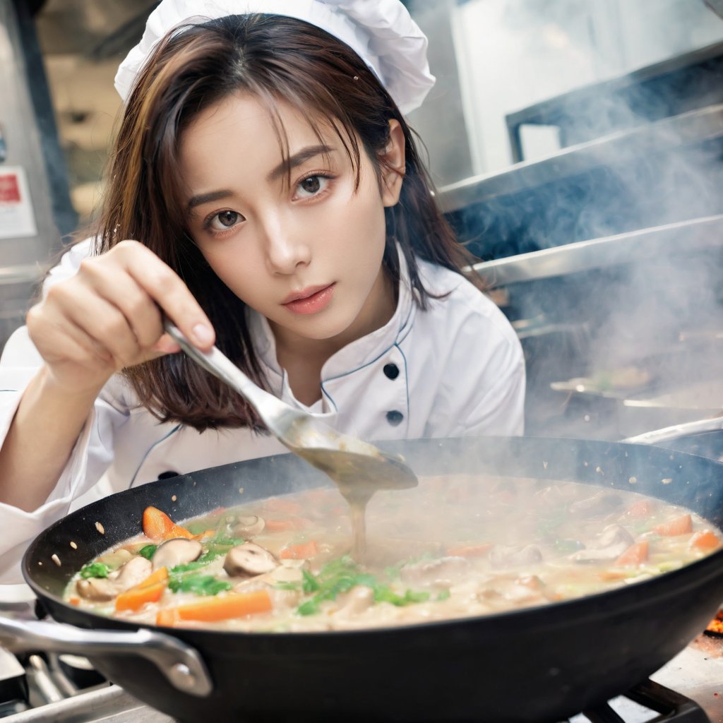 ((Realistic 8K resolution, RAW, extreme detail description)) low angle view photography of 1girl chef cooking soup on a wok at food stand. holding the wok by the handles with mushroom, vegetables, and cooking oil into the air. This is captured with high speed photography so the ingredients are frozen in time. The image is zoomed in on the chef, who is facing the camera.
break, 
1girl, floating hair, Exquisitely perfect symmetric very gorgeous face, Exquisite delicate crystal clear skin, Detailed beautiful delicate eyes, perfect slim body shape, slender and beautiful fingers, legs, perfect hands, legs, illuminated by film grain, realistic style, realistic skin texture, dramatic lighting, soft lighting, exaggerated perspective of ((Wide-angle lens depth)),