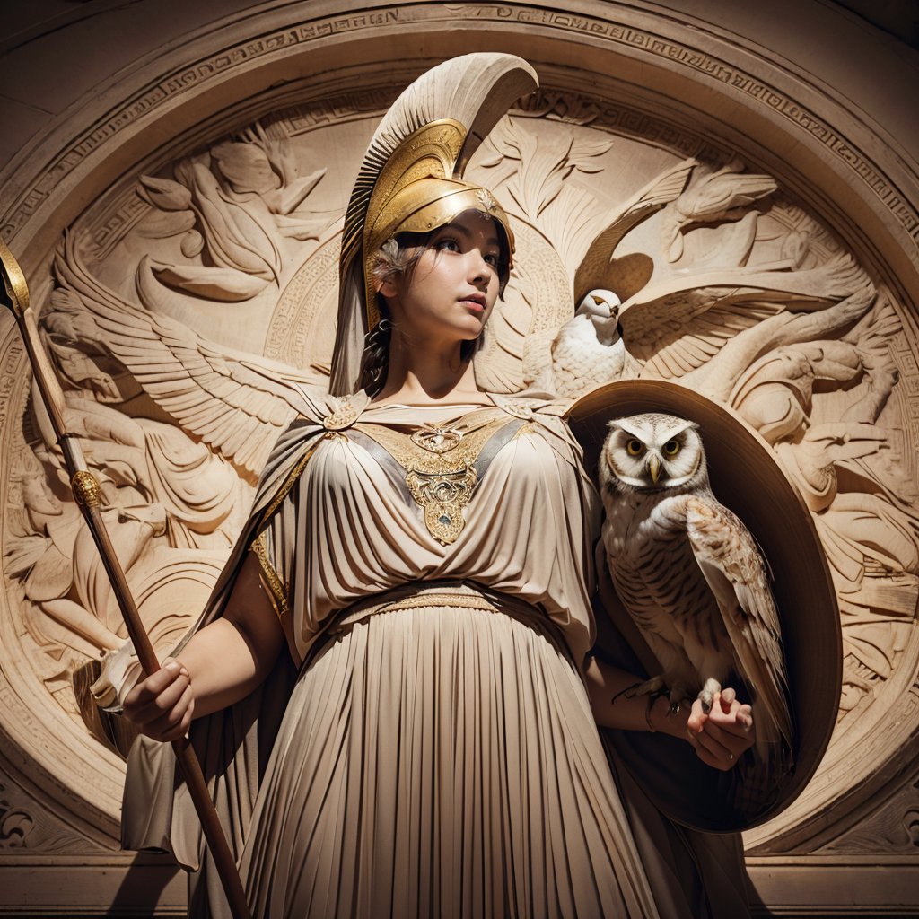 Realistic 16K photography of Greek goddess Athena, holding a spear and an owl; wears warrior's helmet with crest, finely crafted chest armor, pleated tunic with ornate patterns, in front a wall with delicate gold inlays, relief art appearance.
break,
1 girl, Exquisitely perfect symmetric very gorgeous face,  perfect breasts,  Exquisite delicate crystal clear skin,  Detailed beautiful delicate eyes, perfect slim body shape, nice hands, perfect hands, fashionable outfit, illuminated by film grain, realistic skin, dramatic lighting, soft lighting,((wide angle lens depth)), Extremely details,