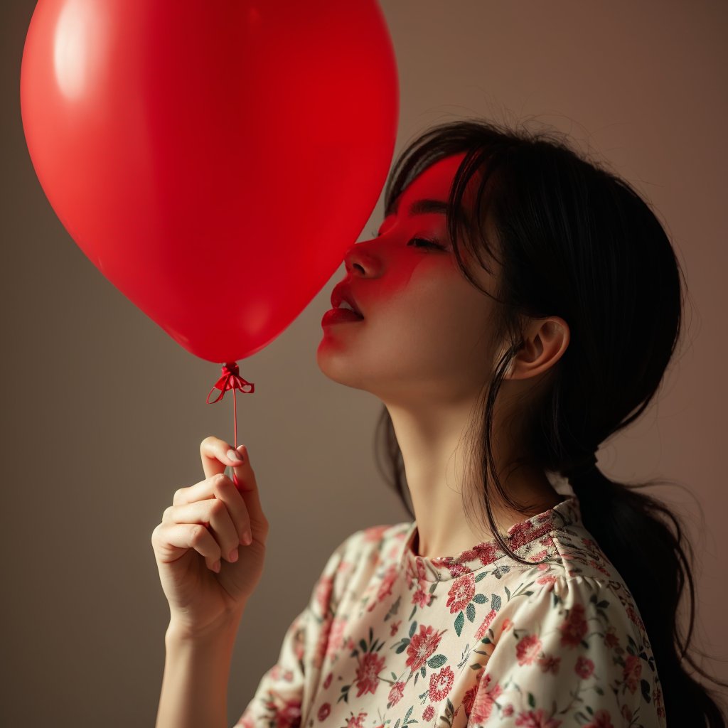 Realistic 16K photography of 1girl in a simple print blouse is holding the nozzle of a red balloon up to her lips with her fingers. The balloon bursts, showing the rubber shredding and an air expansion effect. In high speed stop motion hyperdetail, her hair is blown back and she clenches her eyes shut in response.
break,
1 girl, Exquisitely perfect symmetric very gorgeous face,  perfect breasts,  Exquisite delicate crystal clear skin,  Detailed beautiful delicate eyes, perfect slim body shape, nice hands, perfect hands, fashionable outfit, illuminated by film grain, realistic skin, dramatic lighting, soft lighting,((wide angle lens depth)), Extremely details,