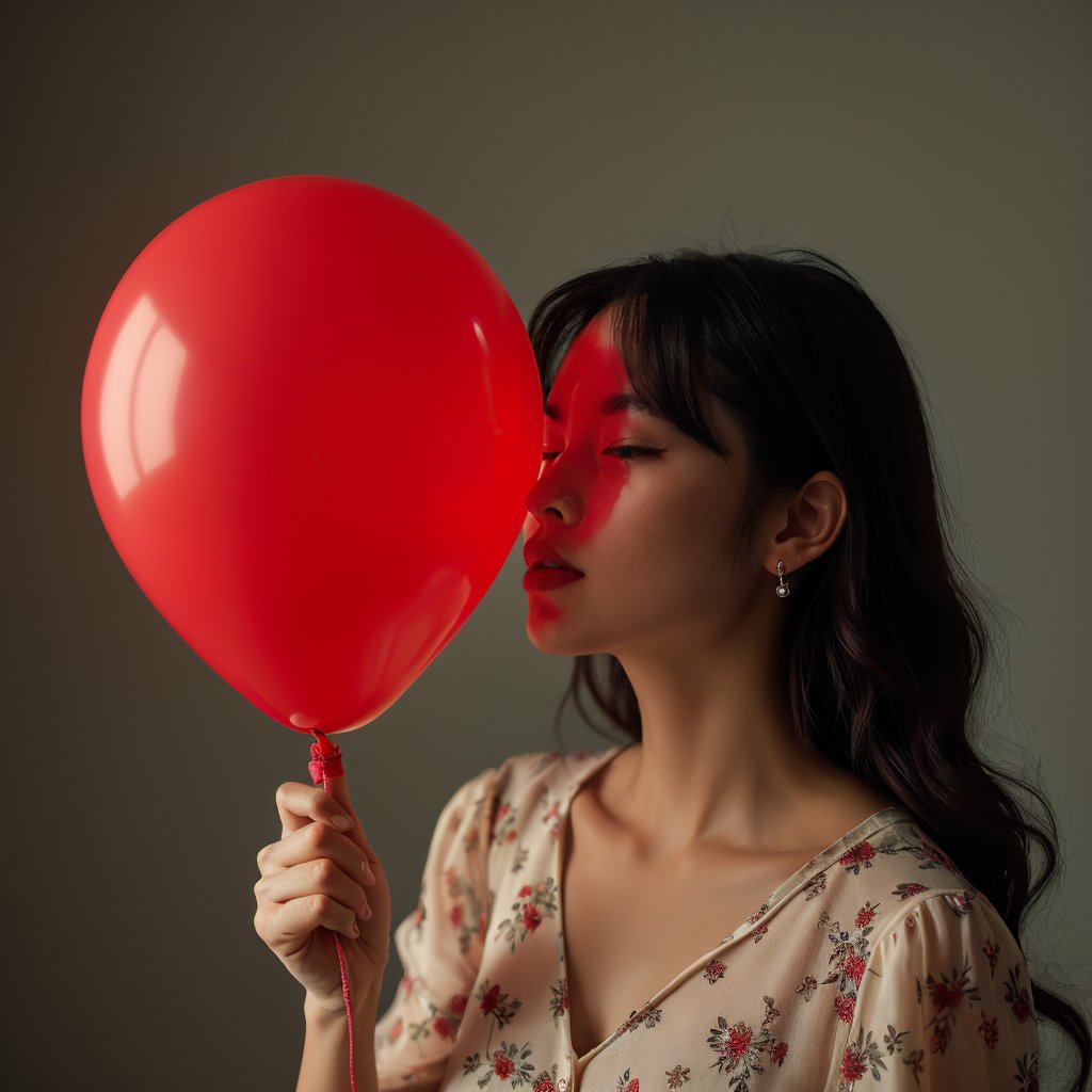 Realistic 16K photography of 1girl in a simple print blouse is holding the nozzle of a red balloon up to her lips with her fingers. The balloon bursts, showing the rubber shredding and an air expansion effect. In high speed stop motion hyperdetail, her hair is blown back and she clenches her eyes shut in response.
break,
1 girl, Exquisitely perfect symmetric very gorgeous face,  perfect breasts,  Exquisite delicate crystal clear skin,  Detailed beautiful delicate eyes, perfect slim body shape, nice hands, perfect hands, fashionable outfit, illuminated by film grain, realistic skin, dramatic lighting, soft lighting,((wide angle lens depth)), Extremely details,