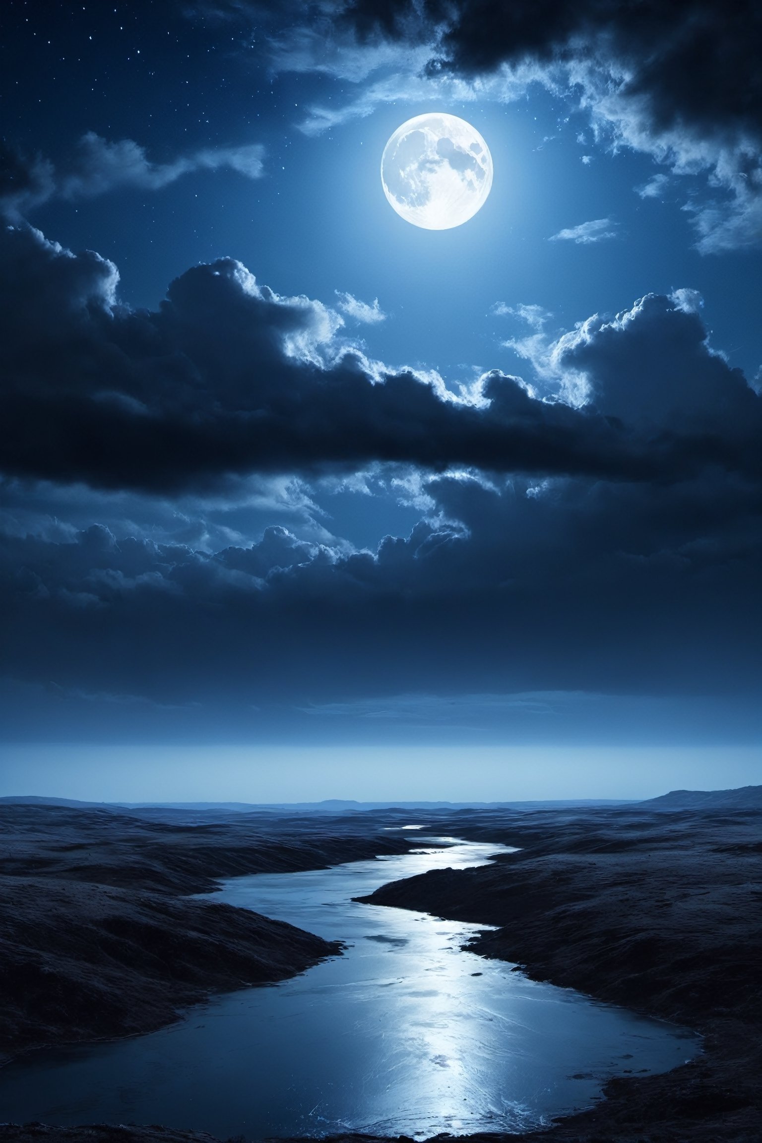 #McBane: A very strange and beautiful painting of a landscape, the sky is an eerie blue, white moonlight, light coming through the clouds in a desolate landscape, 4k, photorealistic, Cinematic lighting, atmosphere, highly detailed, matte drawing with dramatic shadows under the black night sky, high quality, digital concept artwork, 8k 