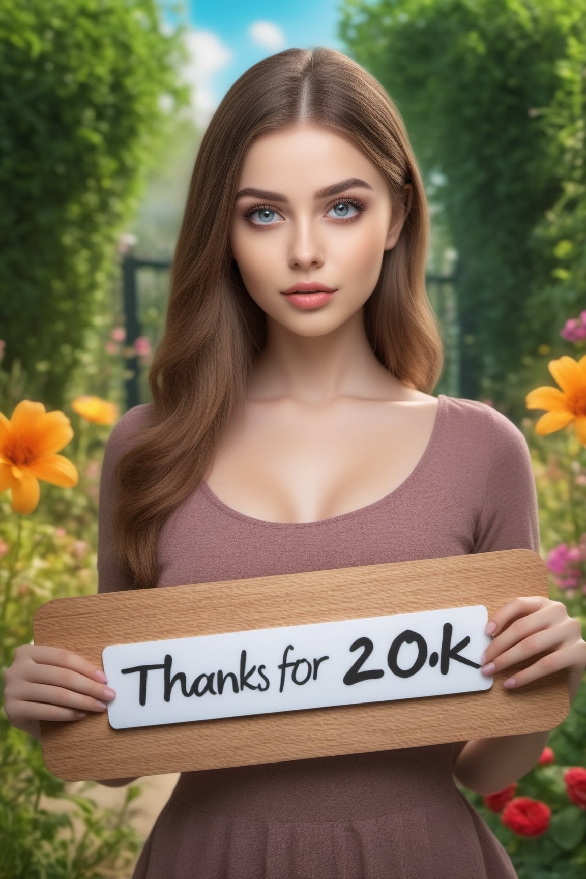 A girl in a garden,holding a board with text "Thanks for 20K" text,illustration,ultra-detailed,realistic,vivid colors,hdr,sharp focus,studio lighting,beautiful detailed eyes,beautiful detailed lips,longeyelashes,medium