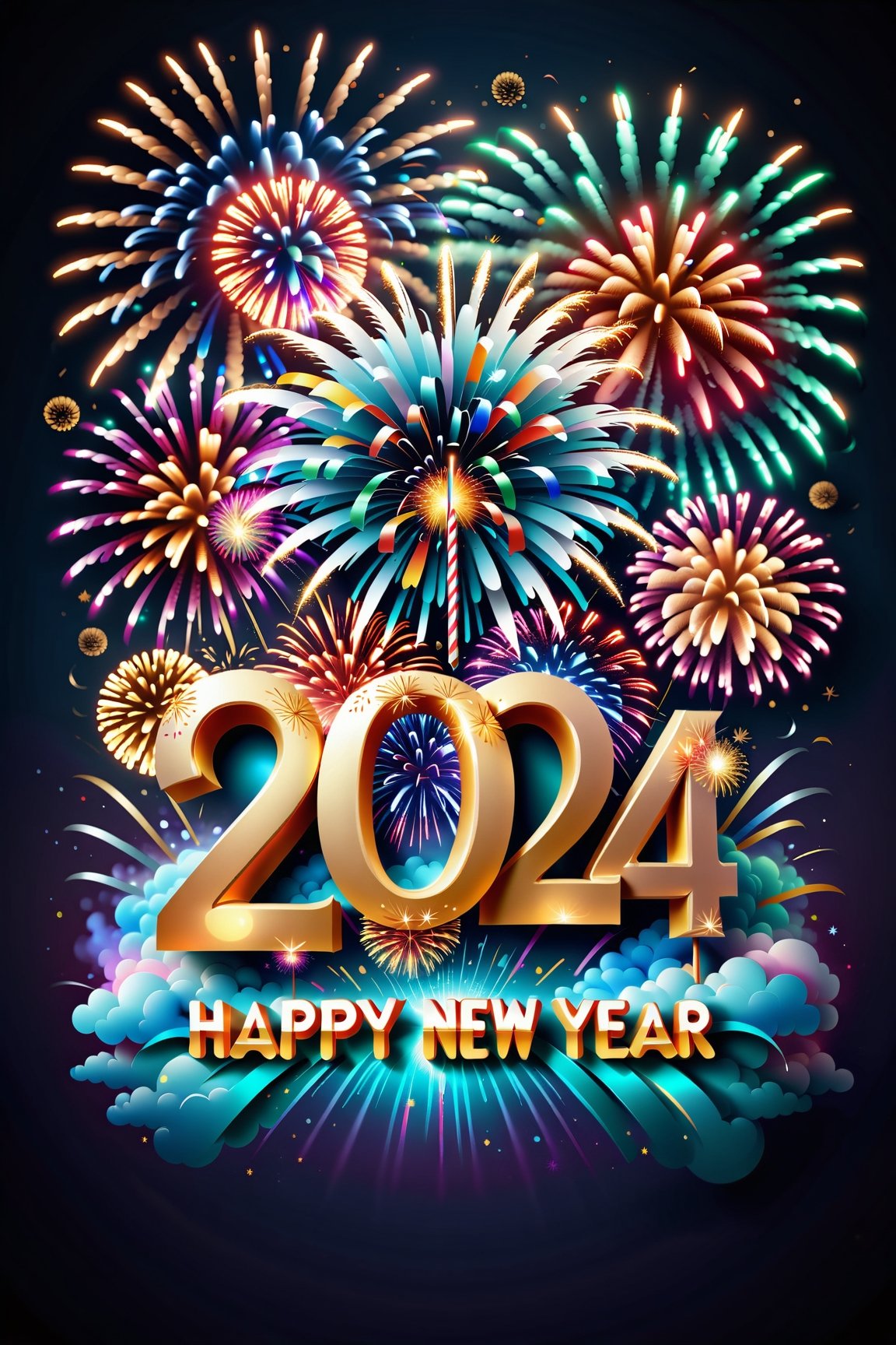 enchanting New Year text with meticulous detail, (((Write 'Happy New Year 2024'))) in a beautiful, high-detailed font, Surround the text with a burst of beautiful, colorful fireworks