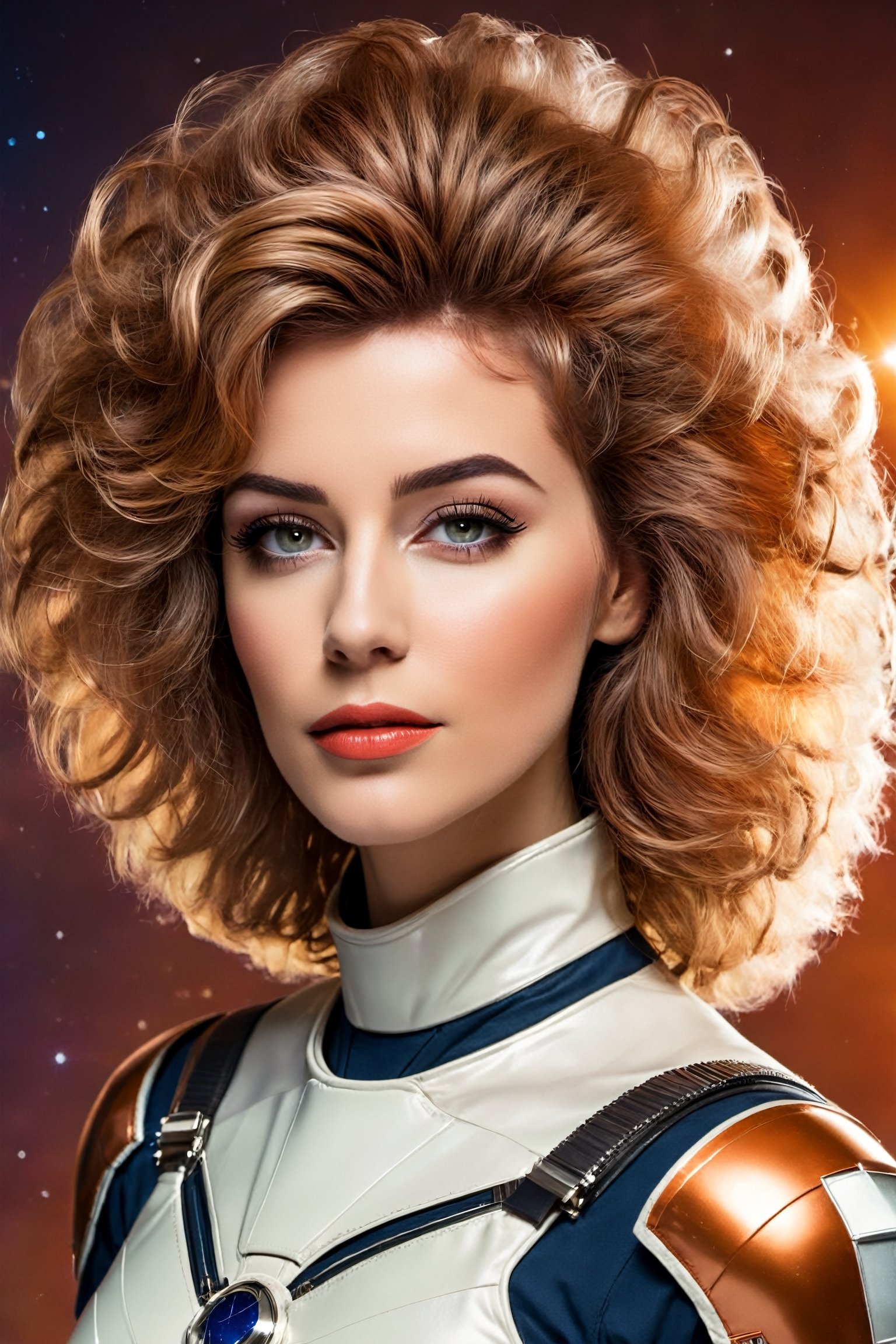 #McBane: spacewoman, big hair, shaggy hair, digital photo, detailed image, sharp focus, backlight, warm colors, serenity, 50s vibe