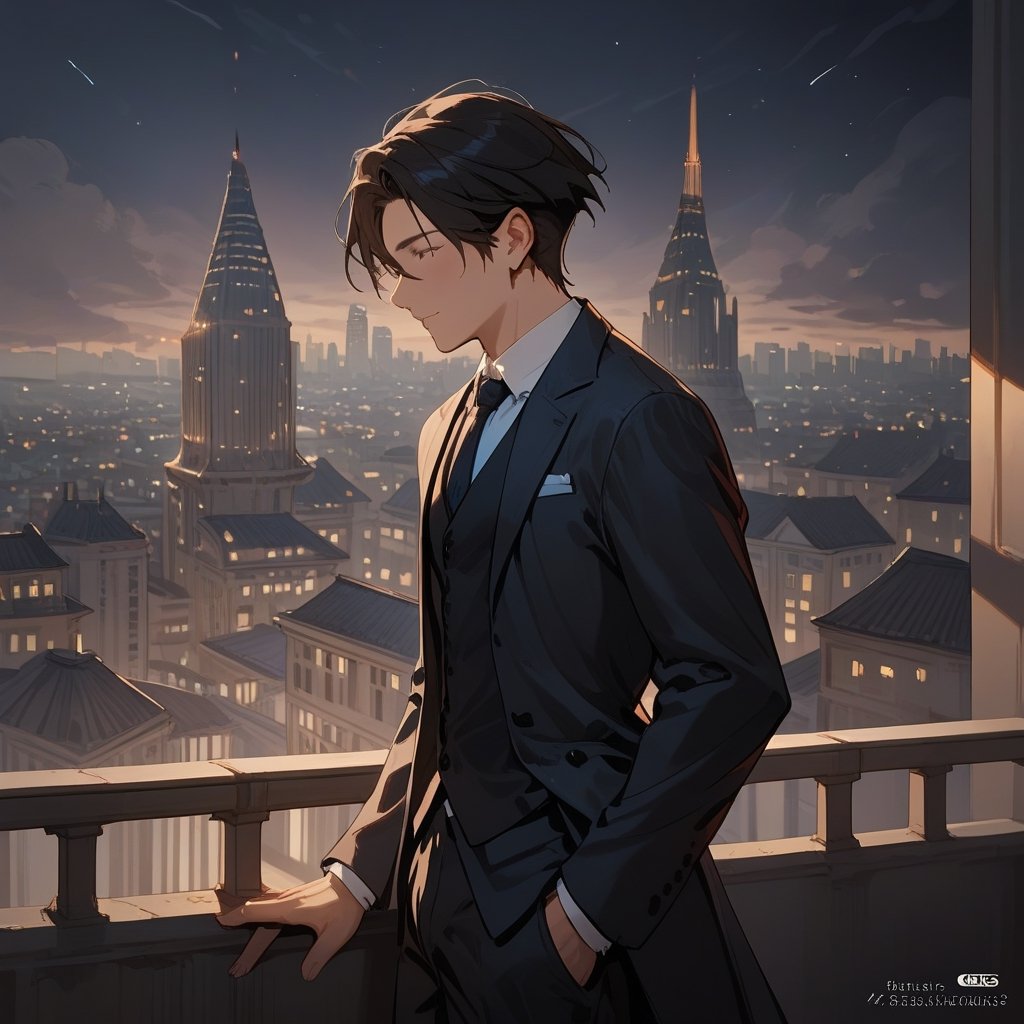 Score_9, Score_8_up, Score_7_up, Score_6_up, Score_5_up, Score_4_up,aa man black hair, sexy guy, standing on the balcony of a building, city, night,looking at the front building, wearing a suit, sexy pose, ciel_phantomhive,jaeggernawt,Indoor