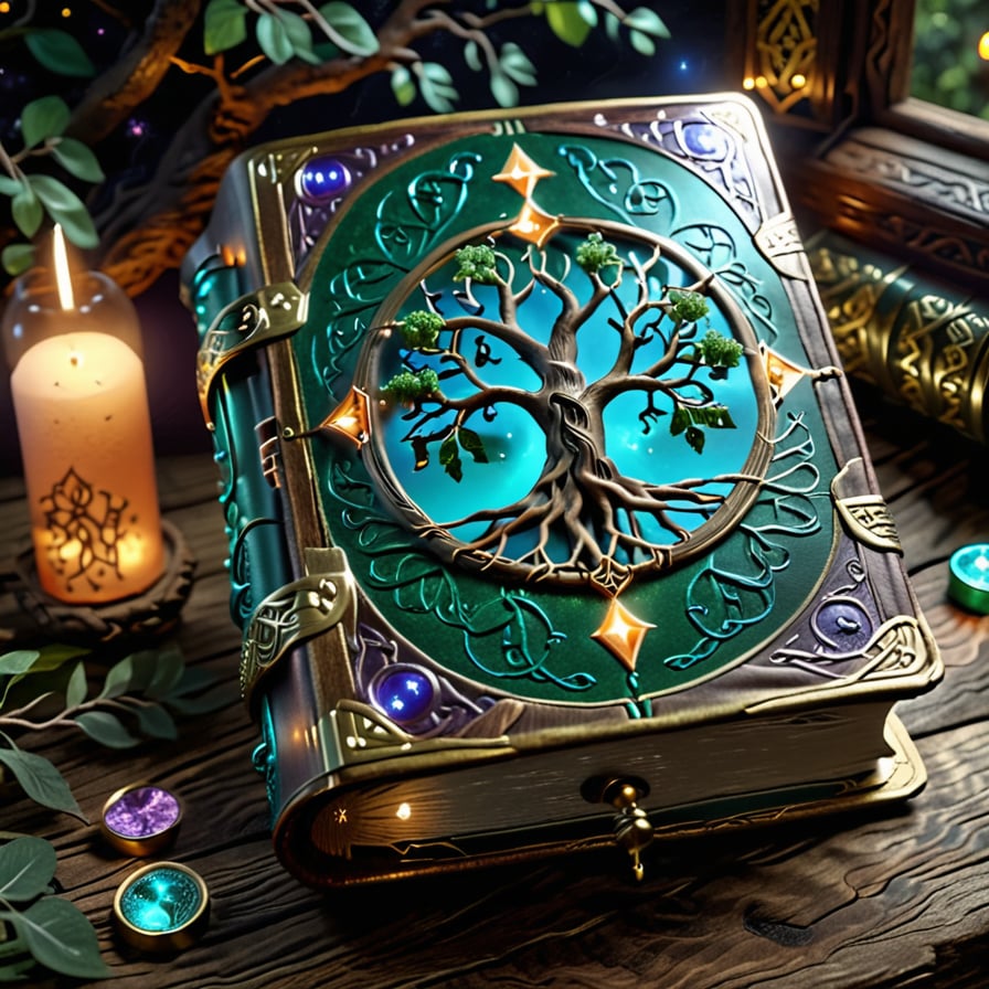 (an ancient ornate intricate CLOSED old tome spell book with the sigil symbol of a TREE_OF_LIFE emblazoned on the cover), magical and mysterious atmosphere, cinematic, realistic, intricate detail,  hyperdetailed_iridescent_silk-thread-like_ornates, finely detailed, small details, extra detail, (LYING ON A WOOD TABLE around with hypeddetailed tarot cards)  photorealistic, high resolution, path tracing, volumetric lighting, octane render, arnold render, 16k artistic photography, photorealistic concept art, soft natural volumetric cinematic perfect light,DonMD34thM4g1cXL,Magical Fantasy style,more detail XL