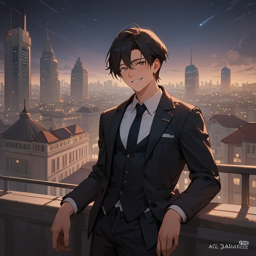 Score_9, Score_8_up, Score_7_up, Score_6_up, Score_5_up, Score_4_up,aa man black hair, sexy guy, standing on the balcony of a building,city, night,looking at the front building, wearing a suit, sexy pose,leaning on the railing,holding a cell phone in his hand and looking at the cell phone, smiling,ciel_phantomhive,jaeggernawt,Indoor,frames,high rise apartment,outdoor