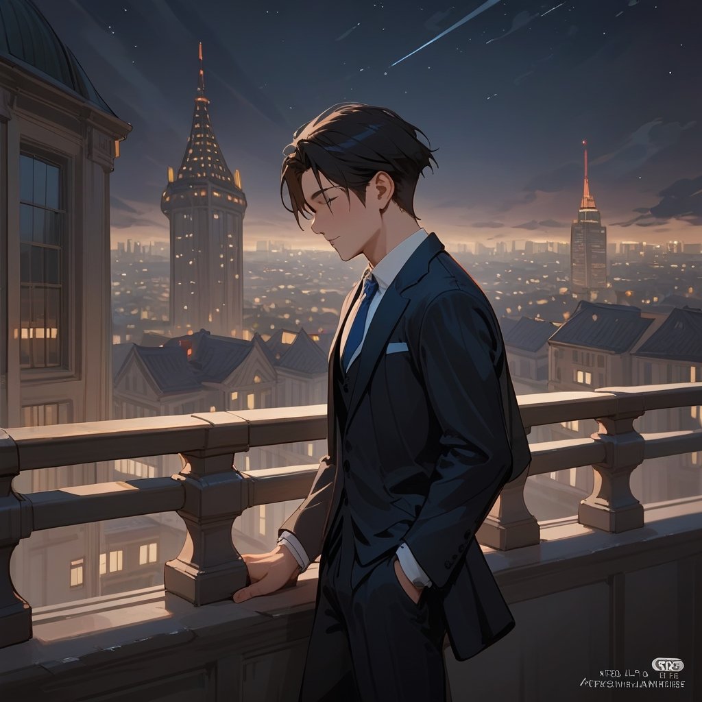 Score_9, Score_8_up, Score_7_up, Score_6_up, Score_5_up, Score_4_up,aa man black hair, sexy guy, standing on the balcony of a building,city, night,looking at the front building, wearing a suit, sexy pose,leaning on the railing,ciel_phantomhive,jaeggernawt,Indoor,frames,high rise apartment,outdoor