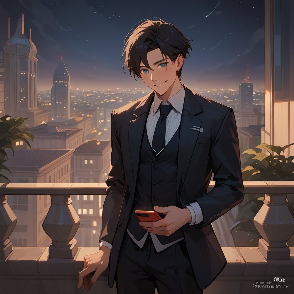 Score_9, Score_8_up, Score_7_up, Score_6_up, Score_5_up, Score_4_up,aa man black hair, sexy guy, standing on the balcony of a building,city, night,looking at the front building, wearing a suit, sexy pose,leaning on the railing,holding a cell phone in his hand and looking at the cell phone, smiling,ciel_phantomhive,jaeggernawt,Indoor,frames,high rise apartment,outdoor