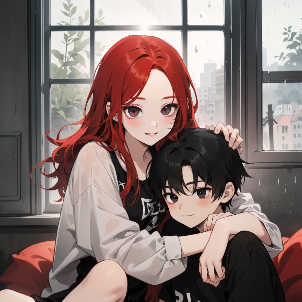 1girl (girl_long_red_hair) sitting near her window holding a little boy(black_hair, light_black_eye, cute_face)  on a rainy day, happy girl, looking at each other,Red hair