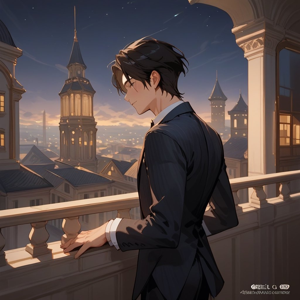 Score_9, Score_8_up, Score_7_up, Score_6_up, Score_5_up, Score_4_up,aa man black hair, sexy guy, standing on the balcony of a building,soul city, night,looking at the front building, wearing a suit, sexy pose, ciel_phantomhive,jaeggernawt,Indoor,frames