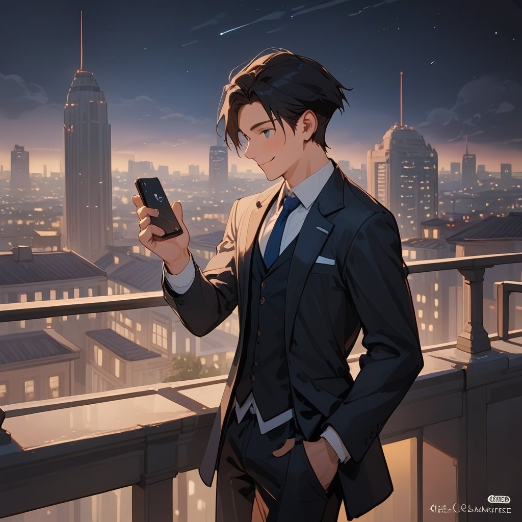 Score_9, Score_8_up, Score_7_up, Score_6_up, Score_5_up, Score_4_up,aa man black hair, sexy guy, standing on the balcony of a building,city, night,looking at the front building, wearing a suit, sexy pose,leaning on the railing,holding a cell phone in his hand and looking at the cell phone, smiling, disheveled clothes,
ciel_phantomhive,jaeggernawt,Indoor,frames,high rise apartment,outdoor