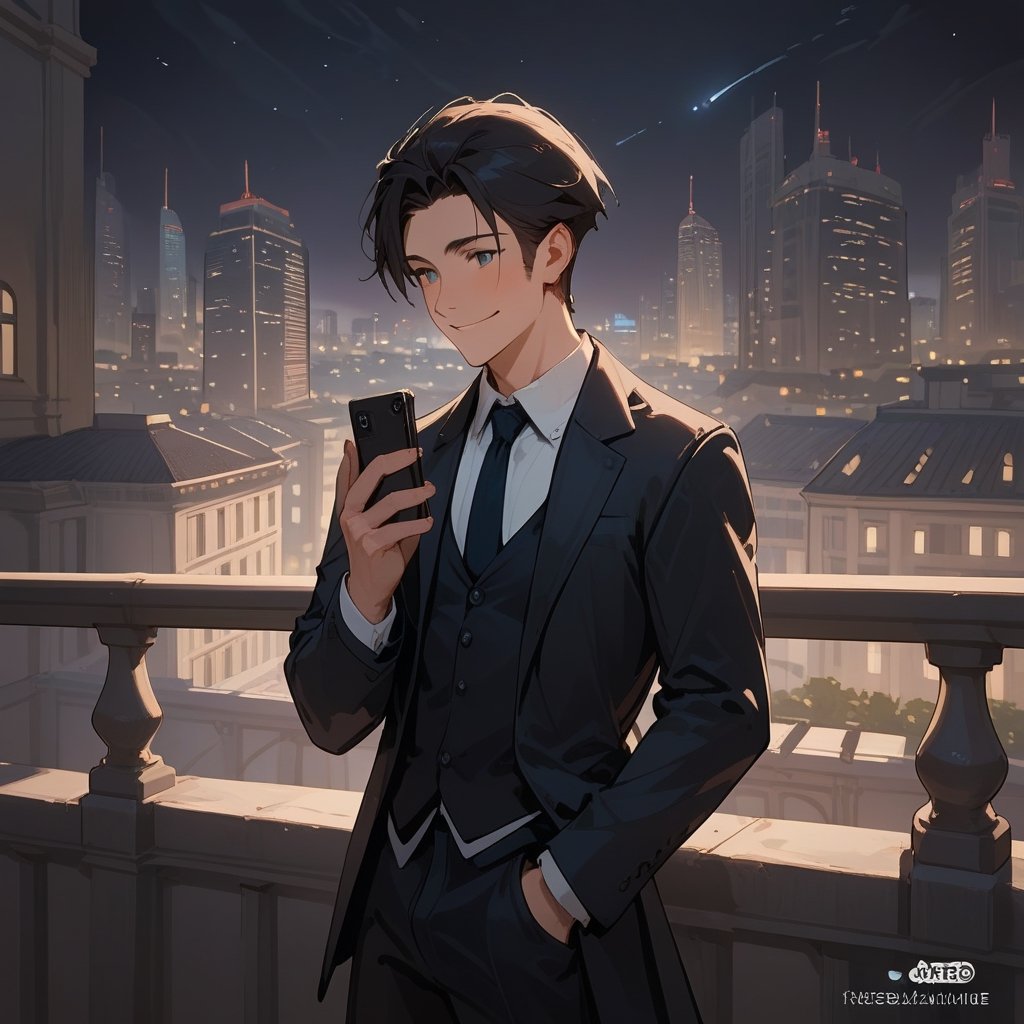 Score_9, Score_8_up, Score_7_up, Score_6_up, Score_5_up, Score_4_up,aa man black hair, sexy guy, standing on the balcony of a building,city, night,looking at the front building, wearing a suit, sexy pose,leaning on the railing,holding a cell phone in his hand and looking at the cell phone, smiling,loosening his tie with the other hand
ciel_phantomhive,jaeggernawt,Indoor,frames,high rise apartment,outdoor