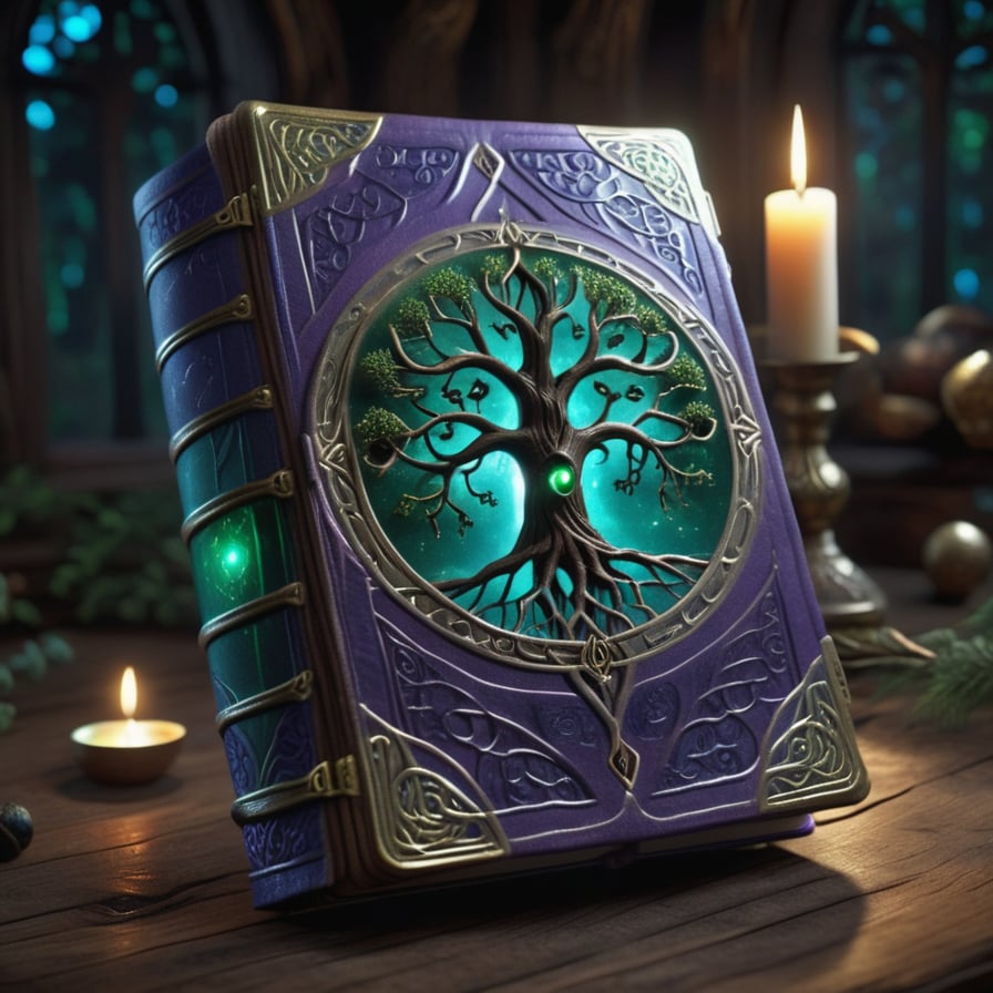 (an ancient ornate intricate CLOSED old tome spell book with the sigil symbol of a TREE_OF_LIFE emblazoned on the cover), magical and mysterious atmosphere, cinematic, realistic, intricate detail,  hyperdetailed_iridescent_silk-thread-like_ornates, finely detailed, small details, extra detail, (LYING ON A WOOD TABLE around with hypeddetailed tarot cards)  photorealistic, high resolution, path tracing, volumetric lighting, octane render, arnold render, 16k artistic photography, photorealistic concept art, soft natural volumetric cinematic perfect light,DonMD34thM4g1cXL,Magical Fantasy style,more detail XL