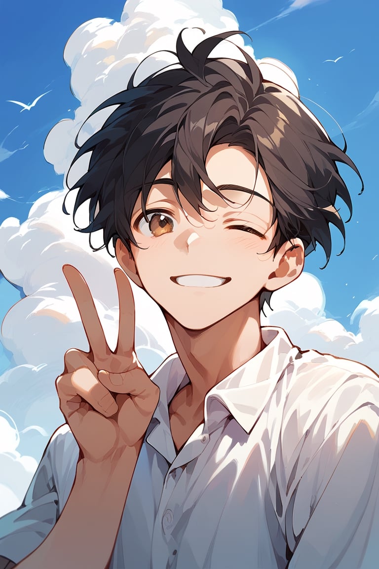 score_9,score_8_up,score_7_up, looking at viewer,smile,short hair,shirt,black hair,1boy,brown eyes,closed mouth,white shirt,upper body,male focus,outdoors,one eye closed,sky,day,collared shirt,cloud,hand up,blue sky,v,cloudy sky