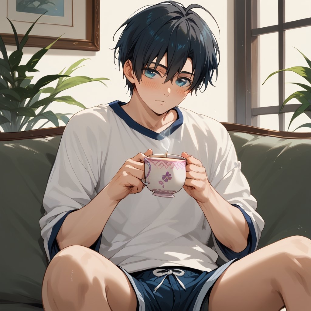 Score_9, Score_8_up, Score_7_up, Score_6_up, Score_5_up, Score_4_up,aa man, in shorts, sitting on a sofa, having a cup of tea , looking at me, lifting his shirt, blushing, sexy blushing,ciel_phantomhive,jaeggernawt