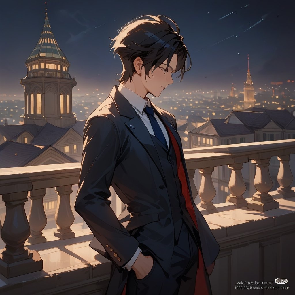 Score_9, Score_8_up, Score_7_up, Score_6_up, Score_5_up, Score_4_up,aa man black hair, sexy guy, standing on the balcony of a building,soul city, night,looking at the front building, wearing a suit, sexy pose, ciel_phantomhive,jaeggernawt,Indoor,frames,high rise apartment,outdoor