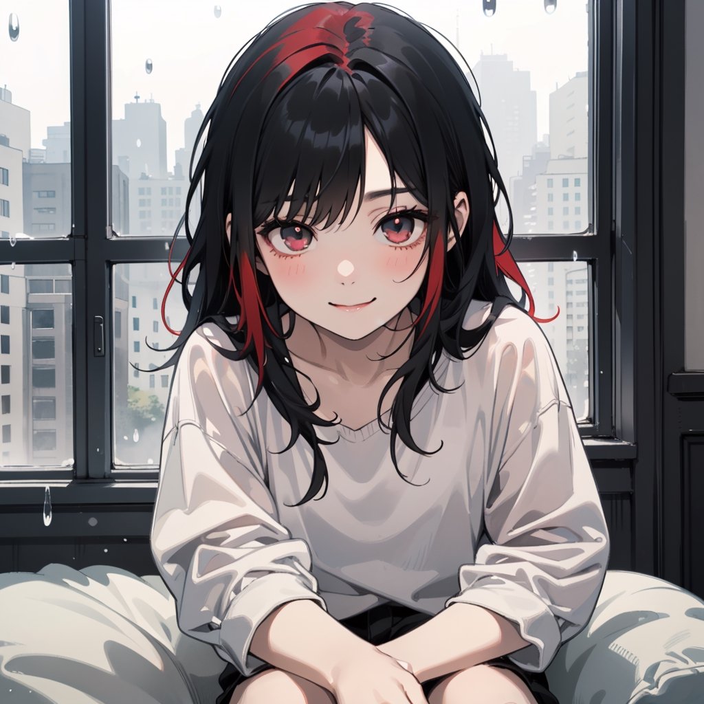 1girl (girl_long_red_hair) sitting near her window holding a little boy(black hair)  on a rainy day, Baby boy( black_hair, light_black_eye, cute_face) happy girl