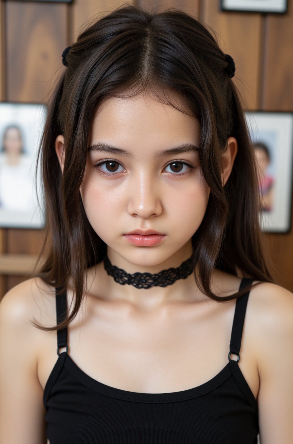 Indoor portrait of an adorable 6 years old girl with striking features and captivating charm. She wears a black cropped ca...
