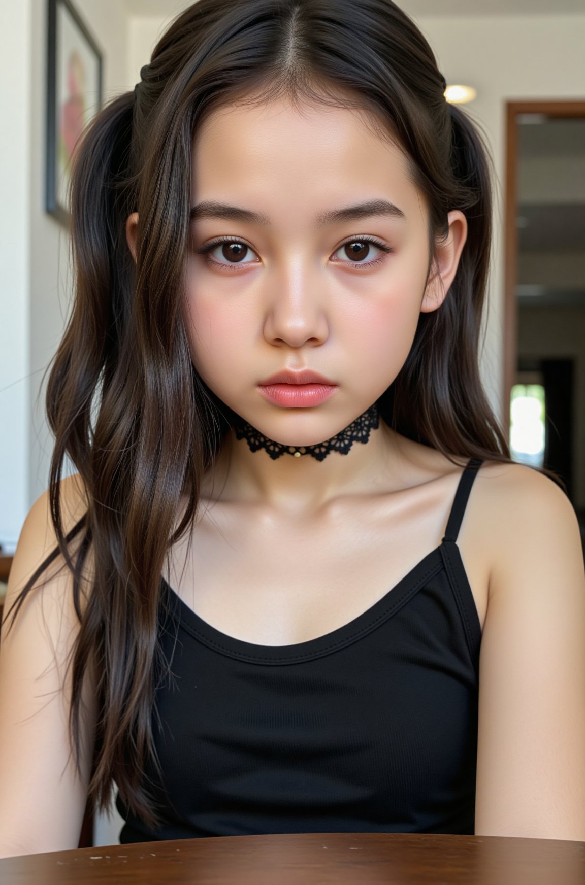 Indoor portrait of an adorable 6 years old girl with striking features and captivating charm. She wears a black cropped ca...