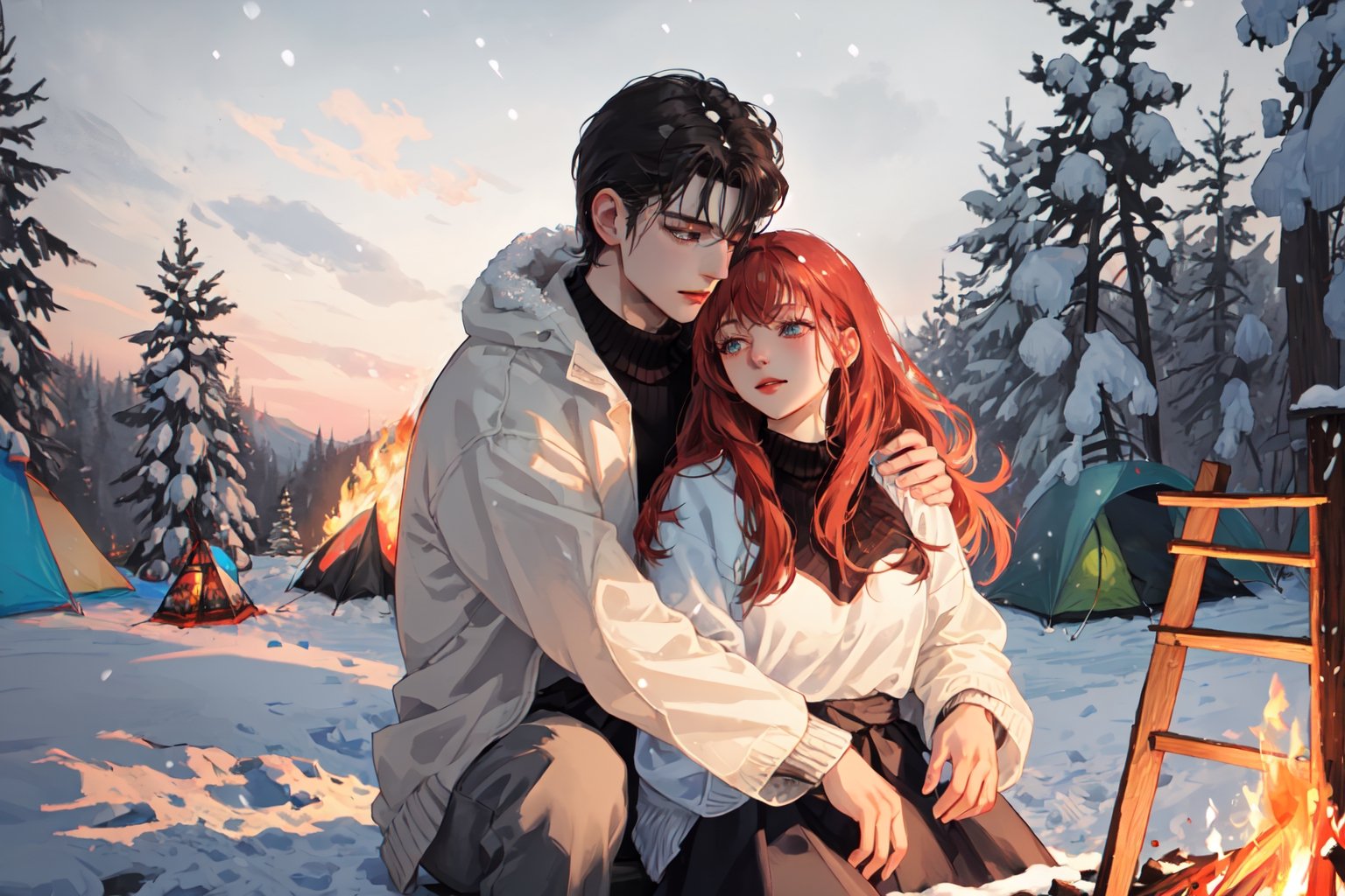 A couple doing couple dance in front the campfire, camping, winter_clothes, winter, cold, hugging, couple_hugging, romance_mood, romantic_theme, sensual_mood,couple_(romantic), sexy_clothes, snowfall, ,open chest sweater,3DMM, 4k render, high_resolution, beautiful_scenery, cinematics, best_lighting, best_perspective, full_body, full-body_portrait,Indian,Btflindngds,AliceWonderlandWaifu, red long hair, distinction between two bodies, good posture, 