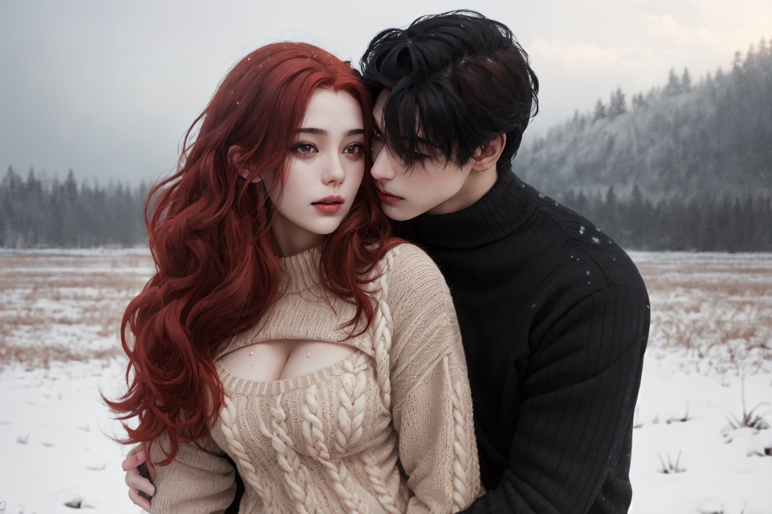 A couple doing couple , 1boy(black hair),1gir(red hair),hugging, couple_hugging, romance_mood, romantic_theme, sensual_mood,couple_(romantic), sexy_clothes, snowfall, ,open chest sweater,3DMM, 4k render, high_resolution, beautiful_scenery, cinematics, best_lighting, best_perspective, full_body, full-body_portrait,Indian,Btflindngds,AliceWonderlandWaifu,girl red long hair, distinction between two bodies, good posture, 