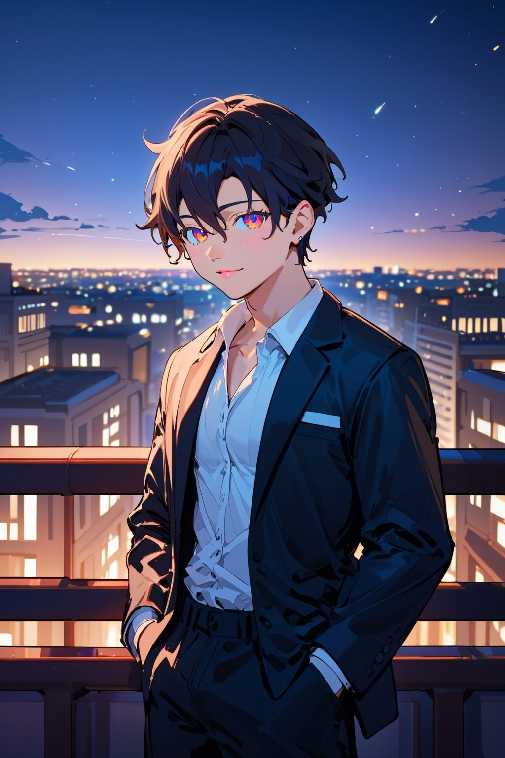 Score_9, Score_8_up, Score_7_up, Score_6_up, Score_5_up, Score_4_up, night, 1boy (black hair), sexy guy, standing on the balcony of a building,city, modern city, night,looking at the front building, wearing a suit, sexy pose,leaning on the railing, shirt, hetero, looking_at_viewer, brown_hair, night_sky, couple, sky, long_sleeves, cityscape,jaeggernawtcity,2b-Eimi