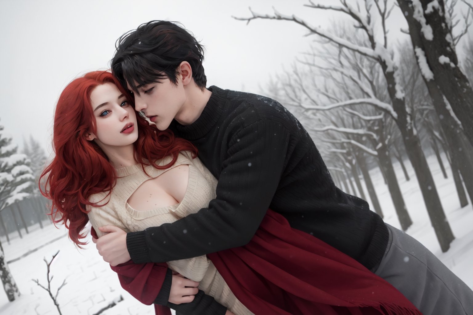 A couple doing couple , 1boy(black hair),1gir(red hair),hugging, couple_hugging, romance_mood, romantic_theme, sensual_mood,couple_(romantic), sexy_clothes, snowfall, ,open chest sweater,3DMM, 4k render, high_resolution, beautiful_scenery, cinematics, best_lighting, best_perspective, full_body, full-body_portrait,Indian,Btflindngds,AliceWonderlandWaifu,girl red long hair, distinction between two bodies, good posture, 