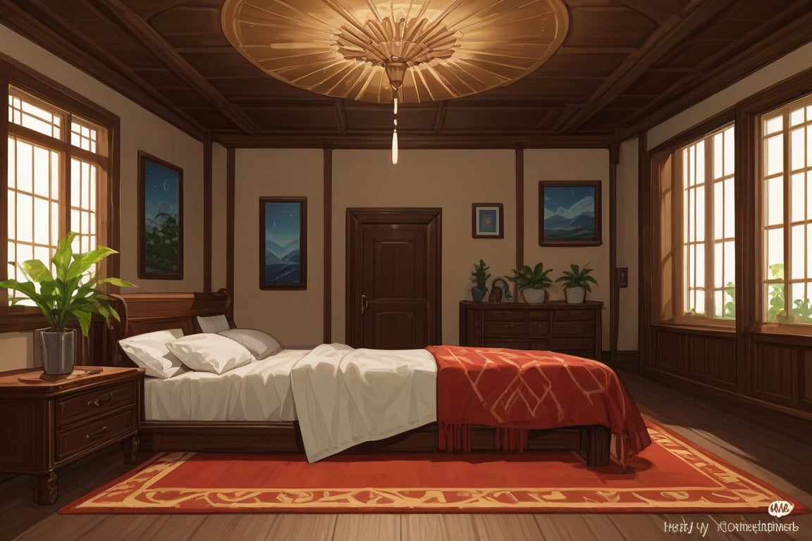 The image showcases a bedroom that exudes a sense of luxury, elegant and comfort. The room's design is characterized by rich woodwork. The bed, adorned with an orange throw blanket and pillows, serves as the centerpiece of the room. A large area rug with a complex pattern lies beneath the bed, adding warmth to the space. The floor-to-ceiling windows offer a view of the verdant surroundings, allowing natural light to flood into the room. The presence of potted plants and artwork further enhances the room's inviting ambiance.,Perfect Architecture,digital art,Realistic Enhance