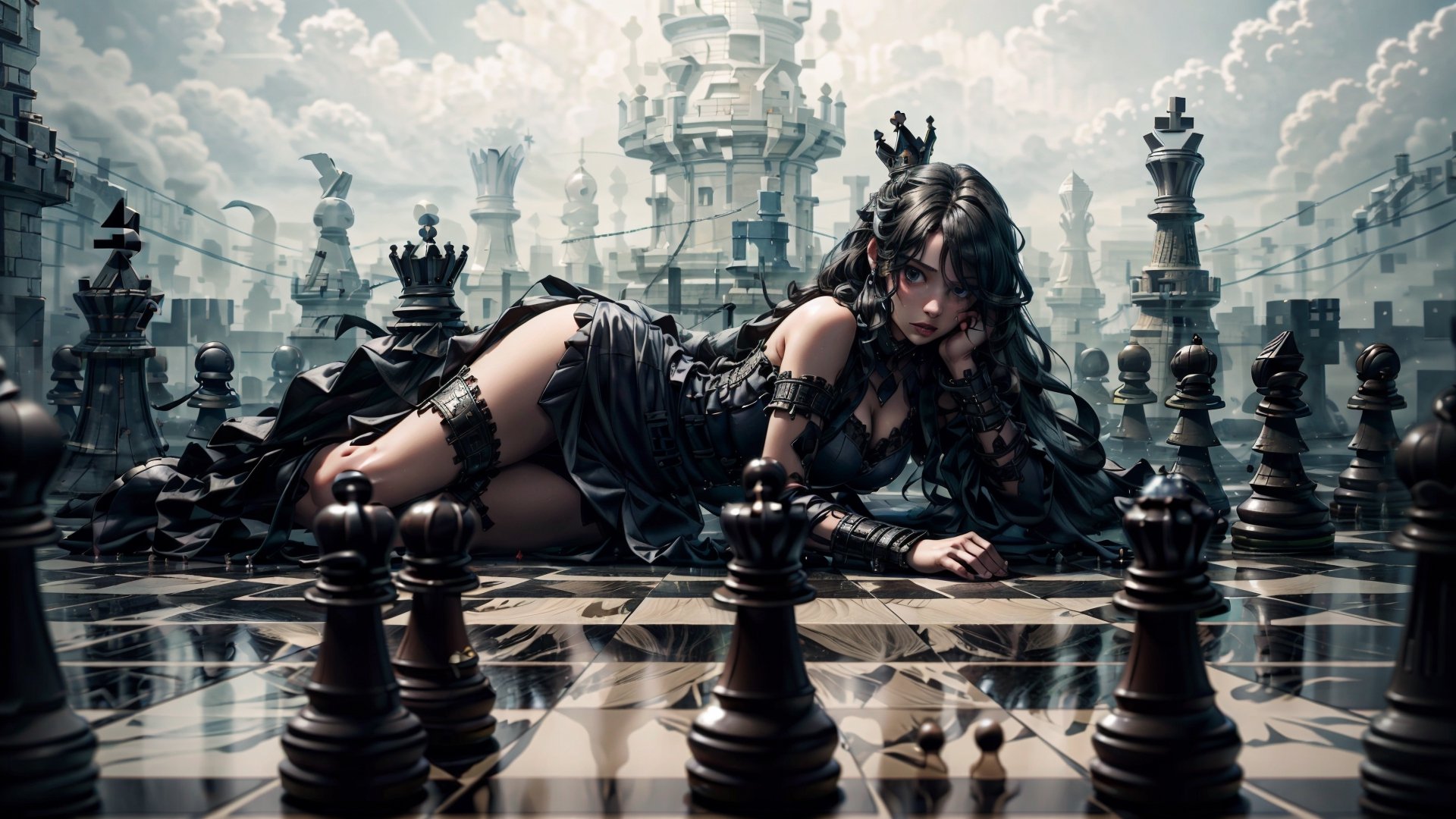 (4k), (masterpiece), (best quality),(extremely intricate), (realistic), (sharp focus), (cinematic lighting), (extremely detailed), 

A girl's top half with chess stand bottom. She has short dark hair. She is the black queen piece on a chessboard. She is wearing a flowing black dress as she is towering above her little pawns. Her expression says she is prepared to face the white pieces.

,chsworld,hackedtech