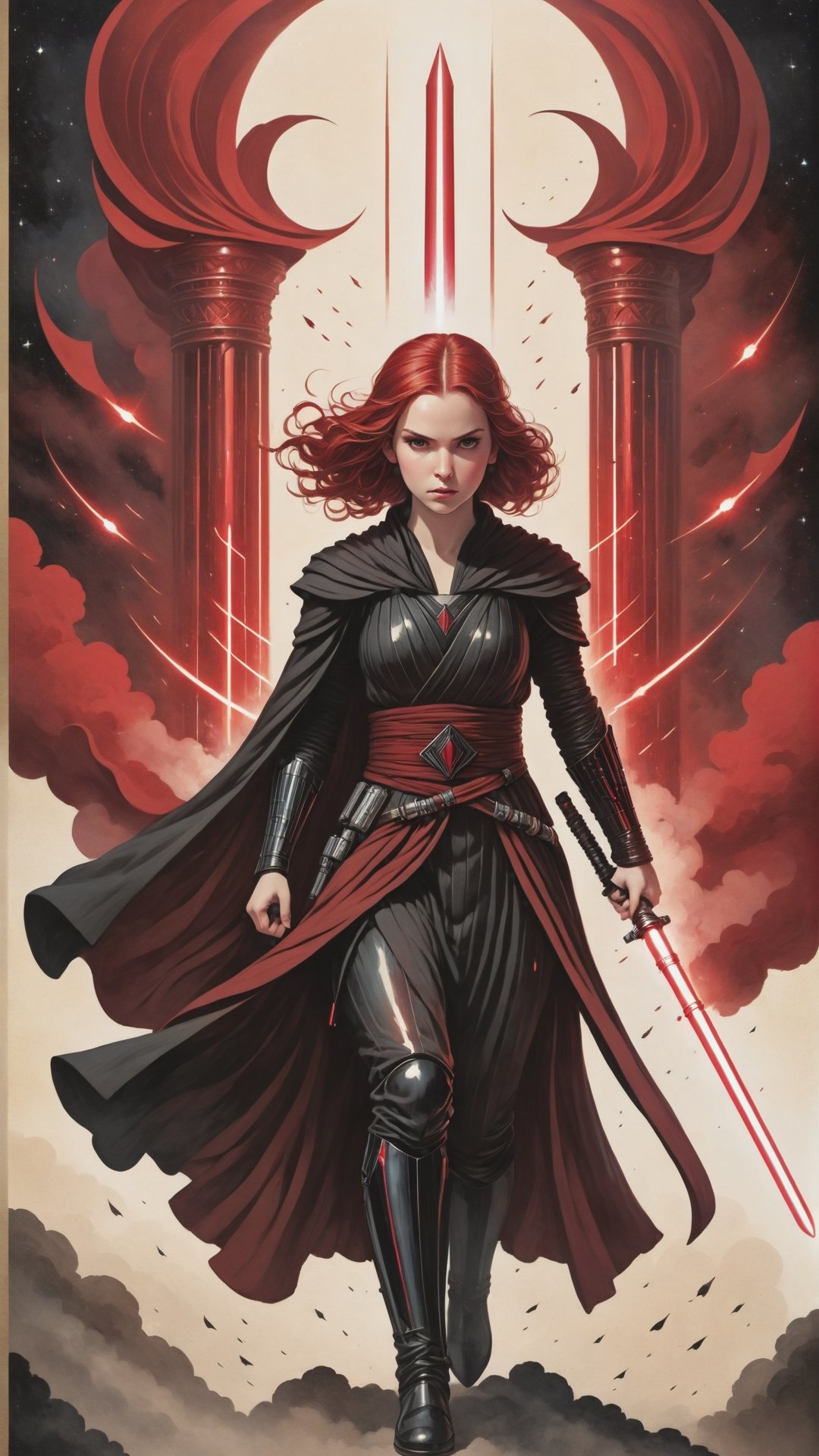 A young Sith girl with crimson red hair and red dual lightsabers,  practicing her lightsaber skills in a Sith temple. She...