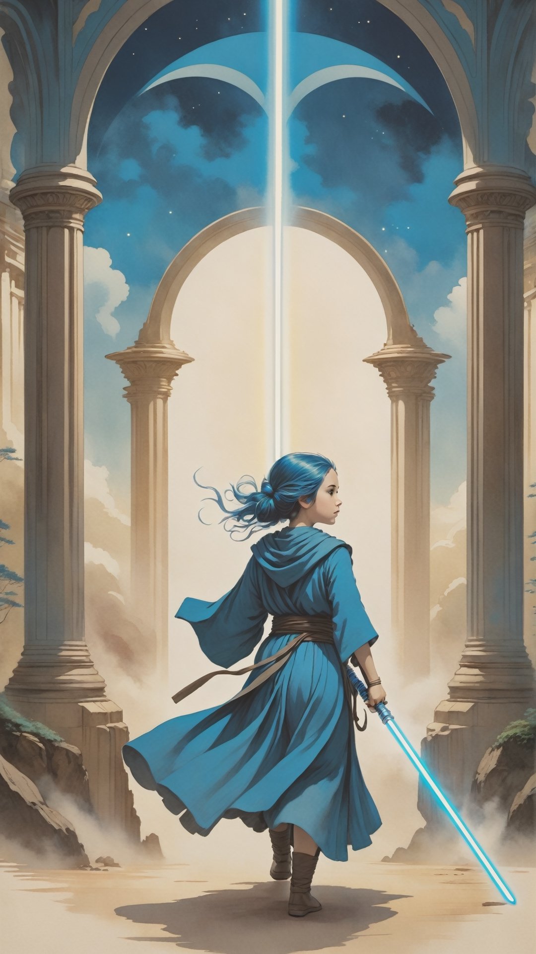 A young Jedi girl with cerulean blue hair and blue dual lightsabers,  practicing her lightsaber skills in a Jedi training...