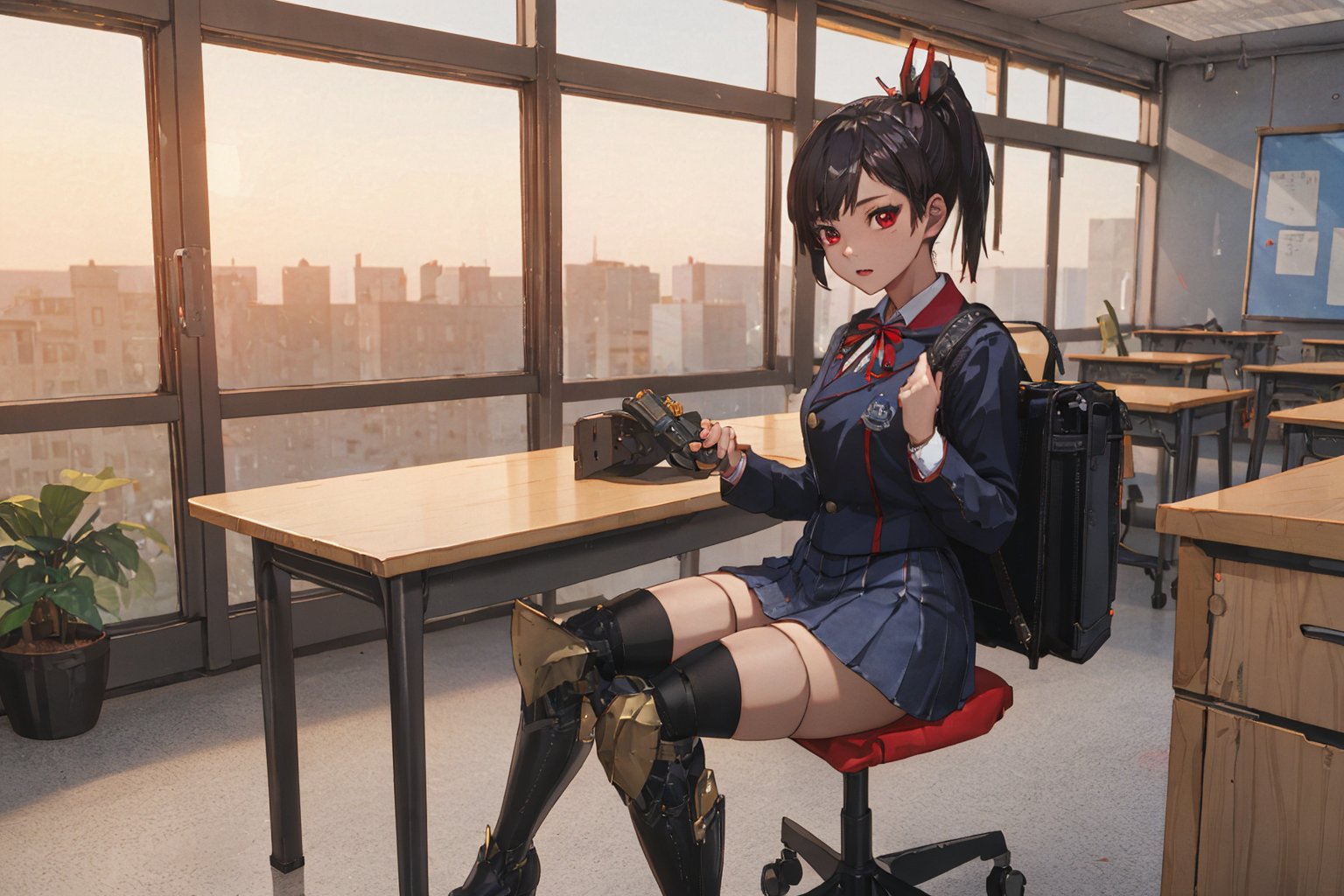 Zwei, 1girl, School Girl, Red Eyes, Short Ponytail black Hair, Red Ribbon, Student Uniform Outfit, Uniform Short Skirt, Kneesock , Black Stocking, Armor Thick Boot , School Bag, Left Leg Bag, Funnel, Remote Weapon, Sit on the chair, in office room , documents on the table , panel section in each zone , Sunset Time, ((Best quality)), ((masterpiece)), 3D, HDR (High Dynamic Range),Ray Tracing, NVIDIA RTX, Super-Resolution, Unreal 5,Subsurface scattering, PBR Texturing,