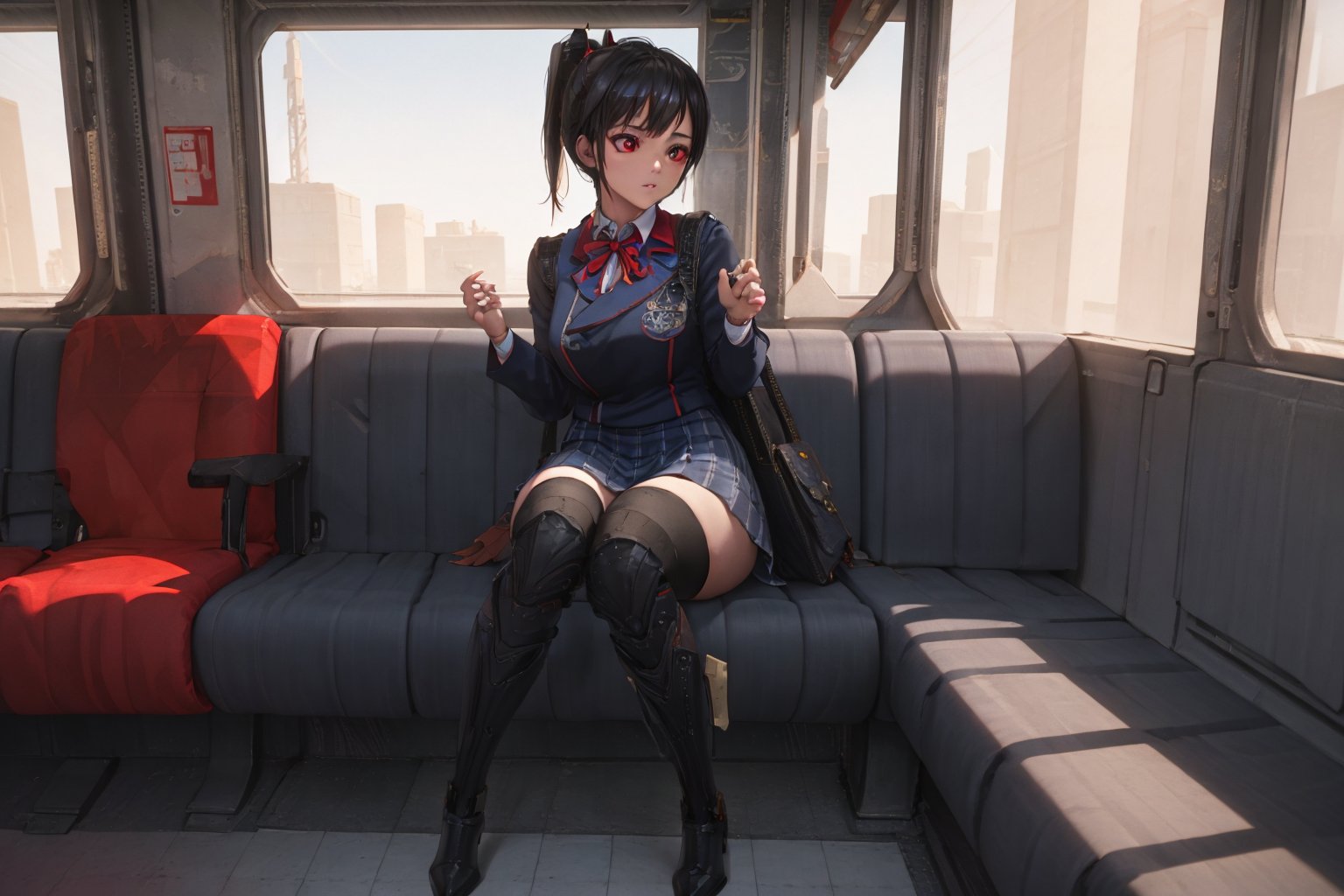 1girl, School Girl, Red Eyes, Short Ponytail black Hair, Red Ribbon, Student Uniform Outfit, Uniform Short Skirt, Kneesock , Black Stocking, Armor Thick Boot , School Bag, Left Leg Bag, on the train, sitting on the passenger chair among the crowd , many people around, massive sky building in the background , Sunset Time, ((Best quality)), ((masterpiece)), 3D, HDR (High Dynamic Range),Ray Tracing, NVIDIA RTX, Super-Resolution, Unreal 5,Subsurface scattering, PBR Texturing, Post-processing, Anisotropic Filtering, Depth-of-field, Maximum clarity and sharpness, Multi-layered textures, Albedo and Specular maps, Surface shading, Accurate simulation of light-material interaction, Perfect proportions, Octane Render, Two-tone lighting, Wide aperture, Low ISO, White balance, Rule of thirds,8K RAW, Aura, masterpiece, best quality, Mysterious expression, magical effects like sparkles or energy, flowing robes or enchanting attire, mechanic creatures or mystical background, rim lighting, side lighting, cinematic light, ultra high res, 8k uhd, film grain, best shadow, delicate, RAW, light particles, detailed skin texture, detailed cloth texture, beautiful face, (masterpiece), best quality, expressive eyes, perfect face,