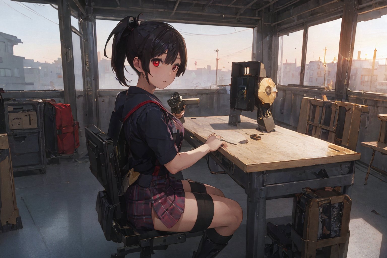 Zwei, 1girl, School Girl, Red Eyes, Short Ponytail black Hair, Red Ribbon, Student Uniform Outfit, Uniform Short Skirt, Kneesock , Black Stocking, Armor Thick Boot , School Bag, Left Leg Bag, Funnel, Remote Weapon, Sit on the chair, in office room , documents on the table , panel section in each zone , Sunset Time, ((Best quality)), ((masterpiece)), 3D, HDR (High Dynamic Range),Ray Tracing, NVIDIA RTX, Super-Resolution, Unreal 5,Subsurface scattering, PBR Texturing, Post-processing, Anisotropic Filtering, Depth-of-field, Maximum clarity and sharpness, Multi-layered textures, Albedo and Specular maps, Surface shading, Accurate simulation of light-material interaction, Perfect proportions, Octane Render, Two-tone lighting, Wide aperture, Low ISO, White balance, Rule of thirds,8K RAW, Aura, masterpiece, best quality, Mysterious expression, magical effects like sparkles or energy, flowing robes or enchanting attire, mechanic creatures or mystical background, rim lighting, side lighting, cinematic light, ultra high res, 8k uhd, film grain, best shadow, delicate, RAW, light particles, detailed skin texture, detailed cloth texture, beautiful face, (masterpiece), best quality, expressive eyes, perfect face,