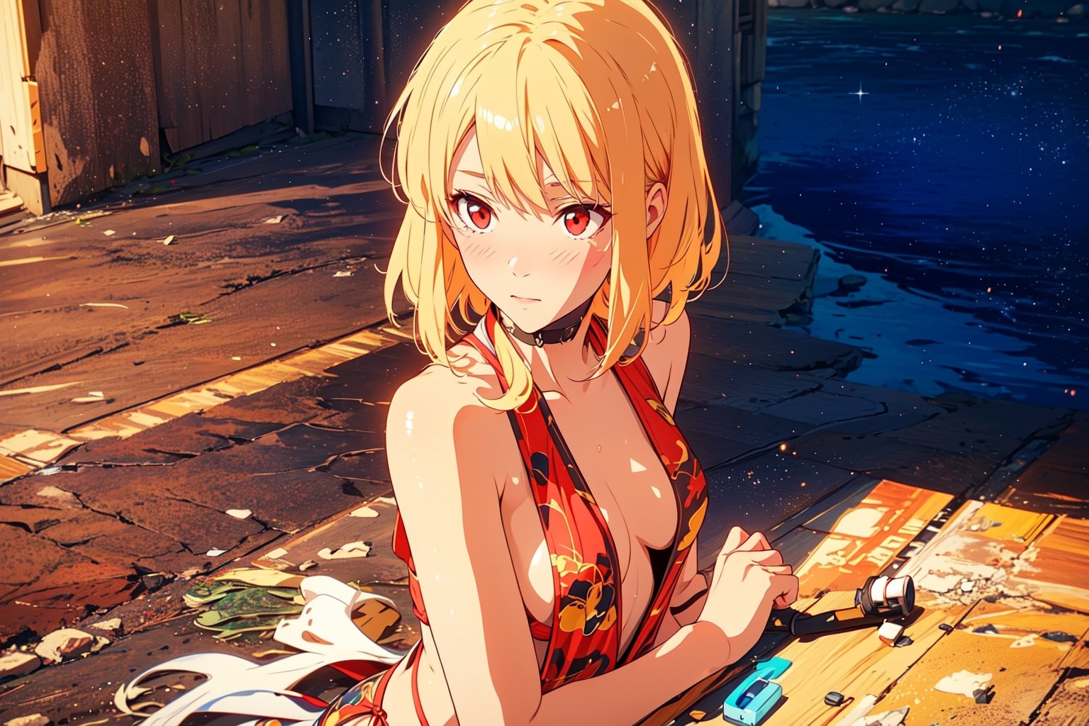 Cha Hae in , Short Blond Hair, Red Eyes, Red Swimsuit  , Red Bikini , Shy Expression. Blushing, on the beach sand, battoujutsu, Near the sea, ((Best quality)), ((masterpiece)), 3D, HDR (High Dynamic Range),Ray Tracing, NVIDIA RTX, Super-Resolution, Unreal 5,Subsurface scattering, PBR Texturing, Post-processing, Anisotropic Filtering, Depth-of-field, Maximum clarity and sharpness, Multi-layered textures, Albedo and Specular maps, Surface shading, Accurate simulation of light-material interaction, Perfect proportions, Octane Render, Two-tone lighting, Wide aperture, Low ISO, White balance, Rule of thirds,8K RAW, Aura, masterpiece, best quality, Mysterious expression, magical effects like sparkles or energy, flowing robes or enchanting attire, mechanic creatures or mystical background, rim lighting, side lighting, cinematic light, ultra high res, 8k uhd, film grain, best shadow, delicate, RAW, light particles, detailed skin texture, detailed cloth texture, beautiful face, (masterpiece), best quality, expressive eyes, perfect face,nikkeredhood,hair over one eye,marian, shirt,ChopioChaHaeIn,ChaHae-in,jack,battoujutsu