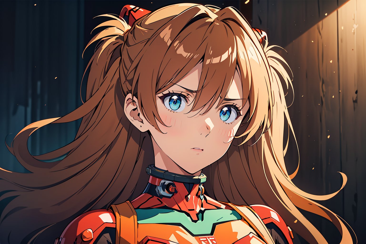 Asuka, 1girl, Blue Eyes, Red Skinsuit, Red Rubbersuit, Orange Hair , souryuuasukalangley, plugsuit 02, interface headset, looking at viewer , Angry Face , Code Eyes, Look down face, Expressionless face, Face Close Up , ((Best quality)), ((masterpiece)), 3D, HDR (High Dynamic Range),Ray Tracing, NVIDIA RTX, Super-Resolution, Unreal 5,Subsurface scattering, PBR Texturing, Post-processing, Anisotropic Filtering, Depth-of-field, Maximum clarity and sharpness, Multi-layered textures, Albedo and Specular maps, Surface shading, Accurate simulation of light-material interaction, Perfect proportions, Octane Render, Two-tone lighting, Wide aperture, Low ISO, White balance, Rule of thirds,8K RAW, Aura, masterpiece, best quality, Mysterious expression, magical effects like sparkles or energy, flowing robes or enchanting attire, mechanic creatures or mystical background, rim lighting, side lighting, cinematic light, ultra high res, 8k uhd, film grain, best shadow, delicate, RAW, light particles, detailed skin texture, detailed cloth texture, beautiful face, (masterpiece), best quality, expressive eyes, perfect face,