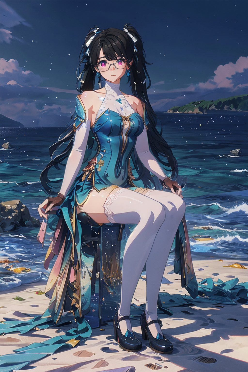 1girl, Zhenzhi, Black Hair, Long Twintail hairstyle, Twin White Ribbon on Hair ,Glasses, Pink Eyes, Chinese Dress, Bare shoulder, white Arm lenght skintight , More detail , glitter, highres, shiny ,gloves ,Fullbody white leg stocking, black shoe , lie down on the beach sand, Cowboy shot, seaside beach, tourist sign around , Blue Sky , Sunset Time, ((Best quality)), ((masterpiece)), 3D, HDR (High Dynamic Range),Ray Tracing, NVIDIA RTX, Super-Resolution, Unreal 5,Subsurface scattering, PBR Texturing, Post-processing, Anisotropic Filtering, Depth-of-field, Maximum clarity and sharpness, Multi-layered textures, Albedo and Specular maps, Surface shading, Accurate simulation of light-material interaction, Perfect proportions, Octane Render, Two-tone lighting, Wide aperture, Low ISO, White balance, Rule of thirds,8K RAW, Aura, masterpiece, best quality, Mysterious expression, magical effects like sparkles or energy, flowing robes or enchanting attire, mechanic creatures or mystical background, rim lighting, side lighting, cinematic light, ultra high res, 8k uhd, film grain, best shadow, delicate, RAW, light particles, detailed skin texture, detailed cloth texture, beautiful face, (masterpiece), best quality, expressive eyes, perfect face,