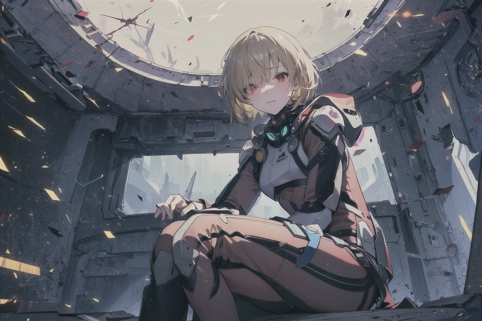 Cha Hae in , Short Blond Hair, Red Eyes, Red Pilot Suit , Red Skin suit, Pilot Cockpit, Shy Expression. Blushing, Sitting in the cockpit, Leg Visible, ((Best quality)), ((masterpiece)), 3D, HDR (High Dynamic Range),Ray Tracing, NVIDIA RTX, Super-Resolution, Unreal 5,Subsurface scattering, PBR Texturing, Post-processing, Anisotropic Filtering, Depth-of-field, Maximum clarity and sharpness, Multi-layered textures, Albedo and Specular maps, Surface shading, Accurate simulation of light-material interaction, Perfect proportions, Octane Render, Two-tone lighting, Wide aperture, Low ISO, White balance, Rule of thirds,8K RAW, Aura, masterpiece, best quality, Mysterious expression, magical effects like sparkles or energy, flowing robes or enchanting attire, mechanic creatures or mystical background, rim lighting, side lighting, cinematic light, ultra high res, 8k uhd, film grain, best shadow, delicate, RAW, light particles, detailed skin texture, detailed cloth texture, beautiful face, (masterpiece), best quality, expressive eyes, perfect face,nikkeredhood,hair over one eye,marian, shirt,ChopioChaHaeIn