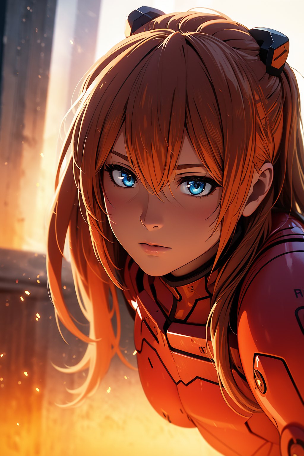 Asuka, 1girl, Blue Eyes, Red Skinsuit, Red Rubbersuit, Orange Hair , Scary Face, Look down face, Expressionless face, Face Close Up , ((Best quality)), ((masterpiece)), 3D, HDR (High Dynamic Range),Ray Tracing, NVIDIA RTX, Super-Resolution, Unreal 5,Subsurface scattering, PBR Texturing, Post-processing, Anisotropic Filtering, Depth-of-field, Maximum clarity and sharpness, Multi-layered textures, Albedo and Specular maps, Surface shading, Accurate simulation of light-material interaction, Perfect proportions, Octane Render, Two-tone lighting, Wide aperture, Low ISO, White balance, Rule of thirds,8K RAW, Aura, masterpiece, best quality, Mysterious expression, magical effects like sparkles or energy, flowing robes or enchanting attire, mechanic creatures or mystical background, rim lighting, side lighting, cinematic light, ultra high res, 8k uhd, film grain, best shadow, delicate, RAW, light particles, detailed skin texture, detailed cloth texture, beautiful face, (masterpiece), best quality, expressive eyes, perfect face,