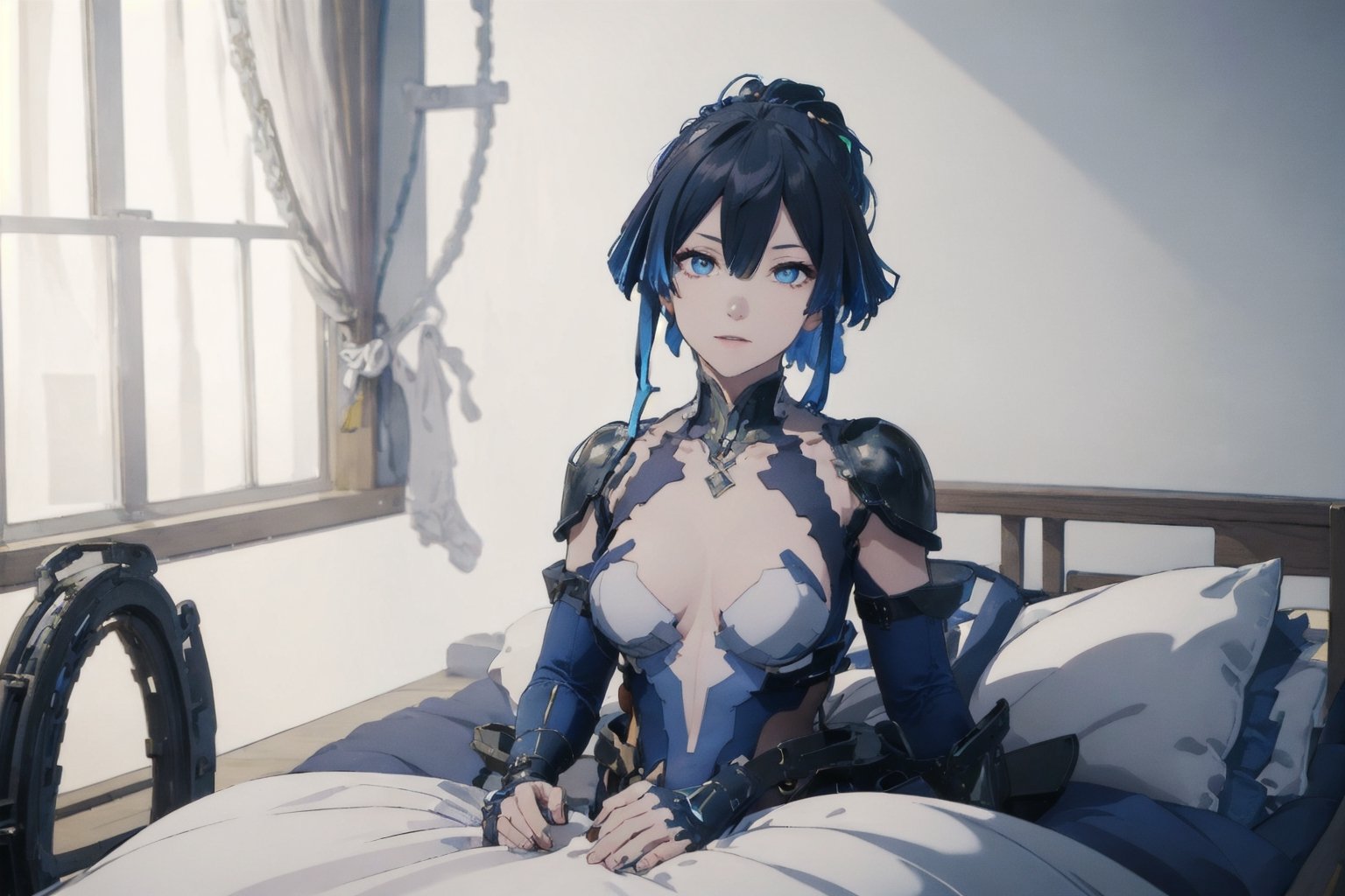 1girl, Katya,highres, Light BLue eyes, long Dark blue hair, Allure Smile, Sexy Pose, Sit on bed the ground, Collap Pose, Sci-fi room, High Class Hotel, ((Best quality)), ((masterpiece)), 3D, HDR (High Dynamic Range),Ray Tracing, NVIDIA RTX, Super-Resolution, Unreal 5,Subsurface scattering, PBR Texturing, Post-processing, Anisotropic Filtering, Depth-of-field, Maximum clarity and sharpness, Multi-layered textures, Albedo and Specular maps, Surface shading, Accurate simulation of light-material interaction, Perfect proportions, Octane Render, Two-tone lighting, Wide aperture, Low ISO, White balance, Rule of thirds,8K RAW, Aura, masterpiece, best quality, Mysterious expression, magical effects like sparkles or energy, flowing robes or enchanting attire, mechanic creatures or mystical background, rim lighting, side lighting, cinematic light, ultra high res, 8k uhd, film grain, best shadow, delicate, RAW, light particles, detailed skin texture, detailed cloth texture, beautiful face, (masterpiece), best quality, expressive eyes, perfect face,sparkle \(honkai: star rail\), sparkle,momo_burlesque,BLUE HAIR, 1girl ,yuzuriha